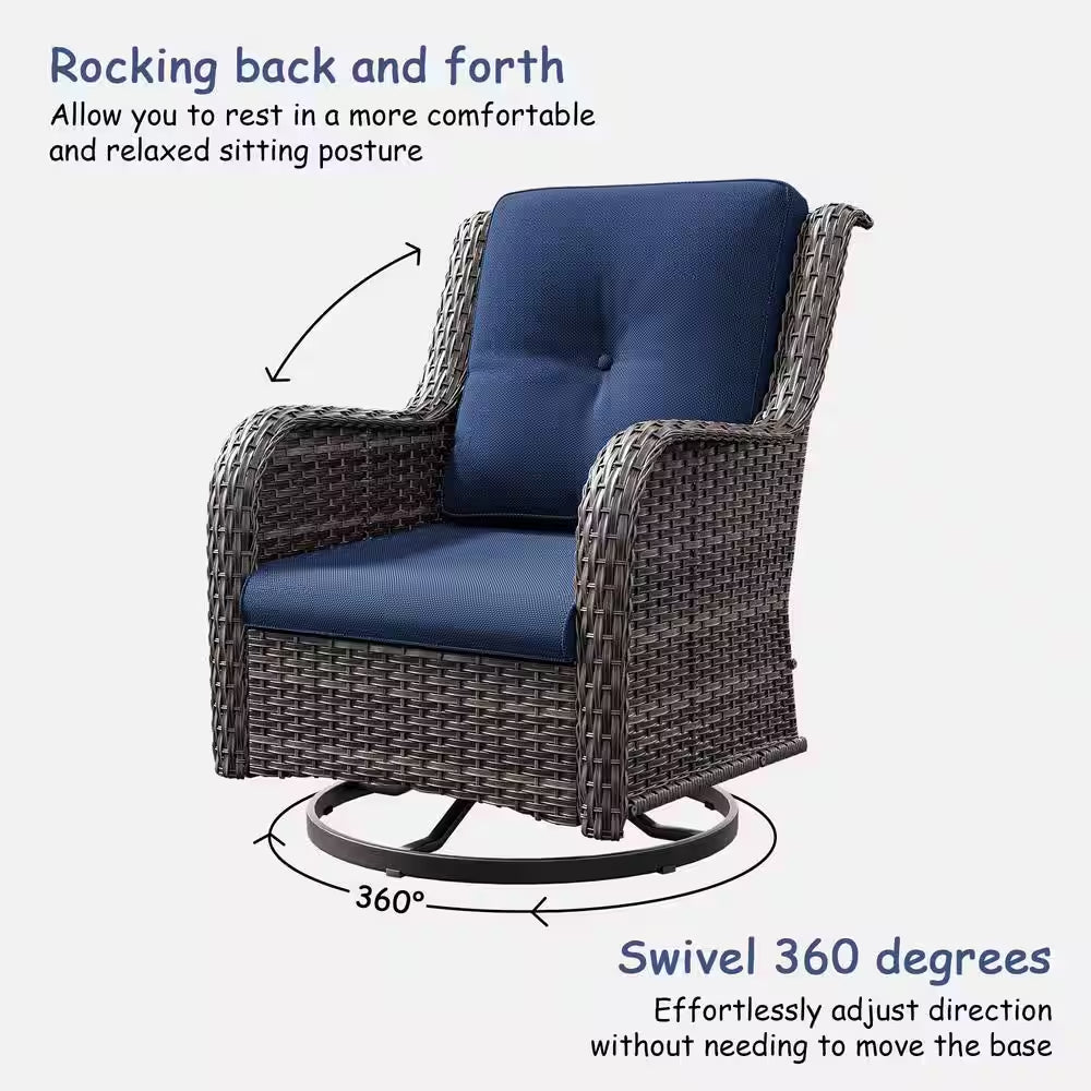 3-Piece Wicker Patio Swivel Outdoor Rocking Chair Set with Blue Cushions and Table