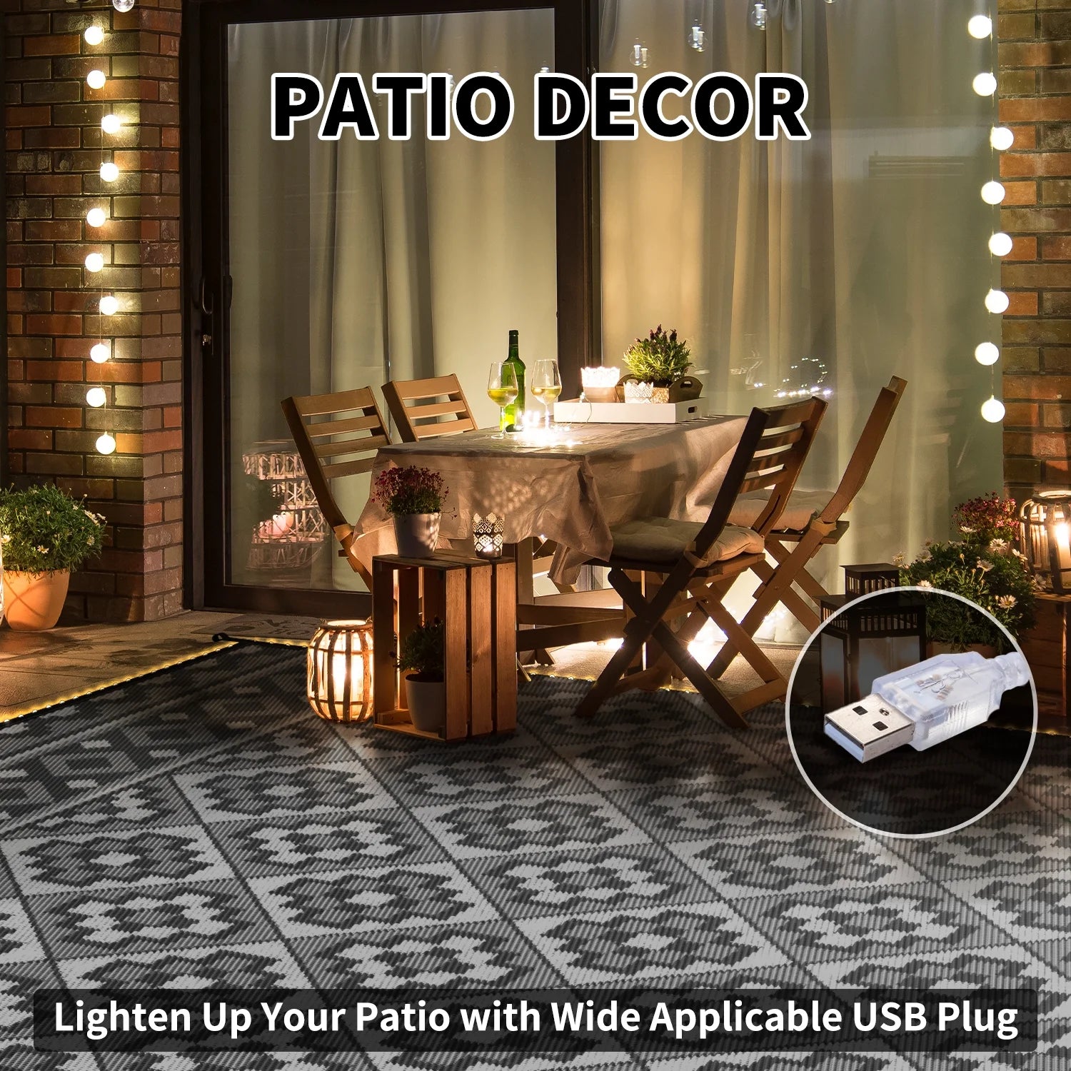 Outdoor Rug with LED Strip Light 8'X10' Waterproof Reversible Patio Rug Modern Lightweight Plastic Straw Indoor Outdoor Rug for RV Camping Deck Balcony Porch Boho Patio Decor Light Gray