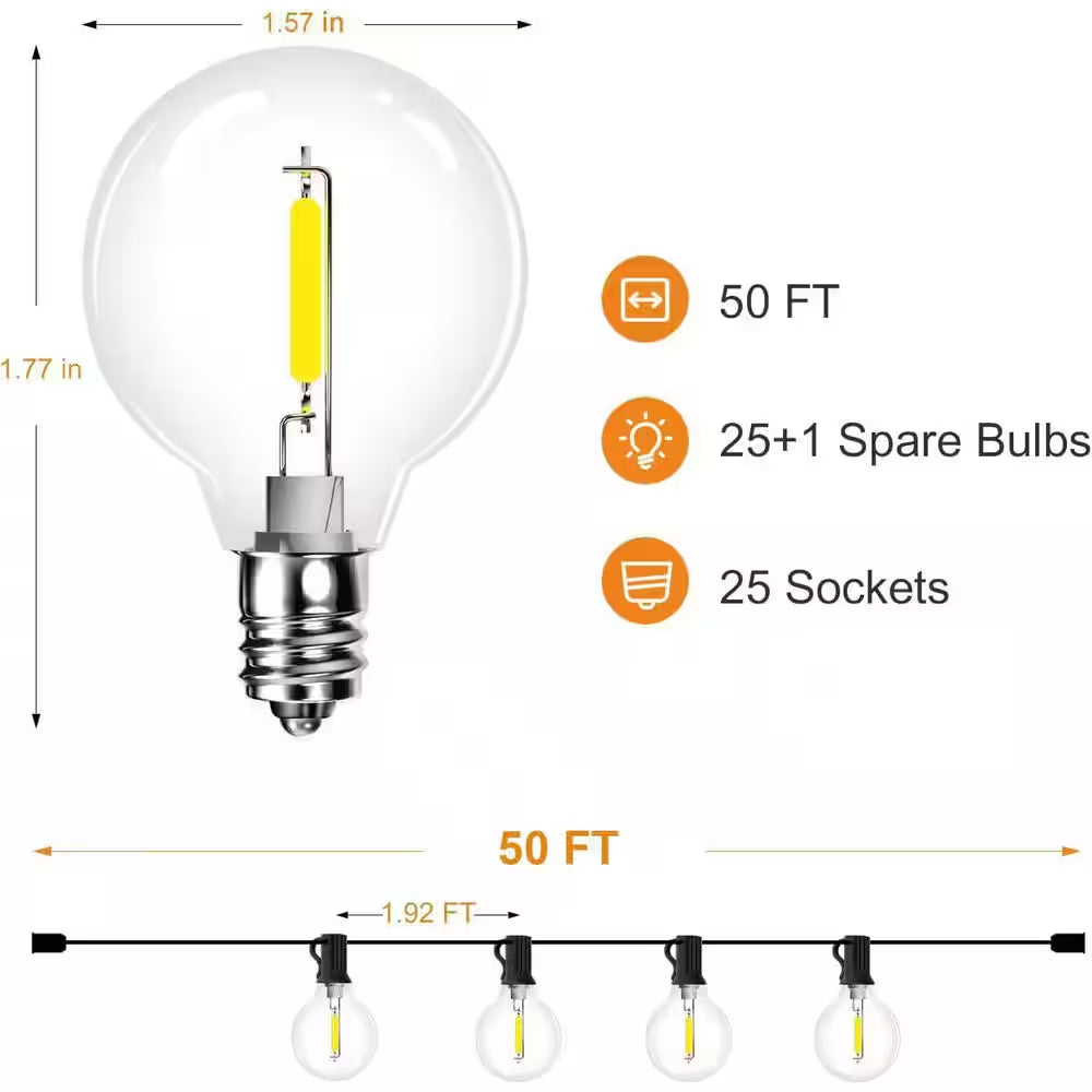 G40 26-Light 50 Ft. Indoor/Outdoor Plug-In LED Globe String-Light Shatterproof Waterproof for Porch Bistro Backyard
