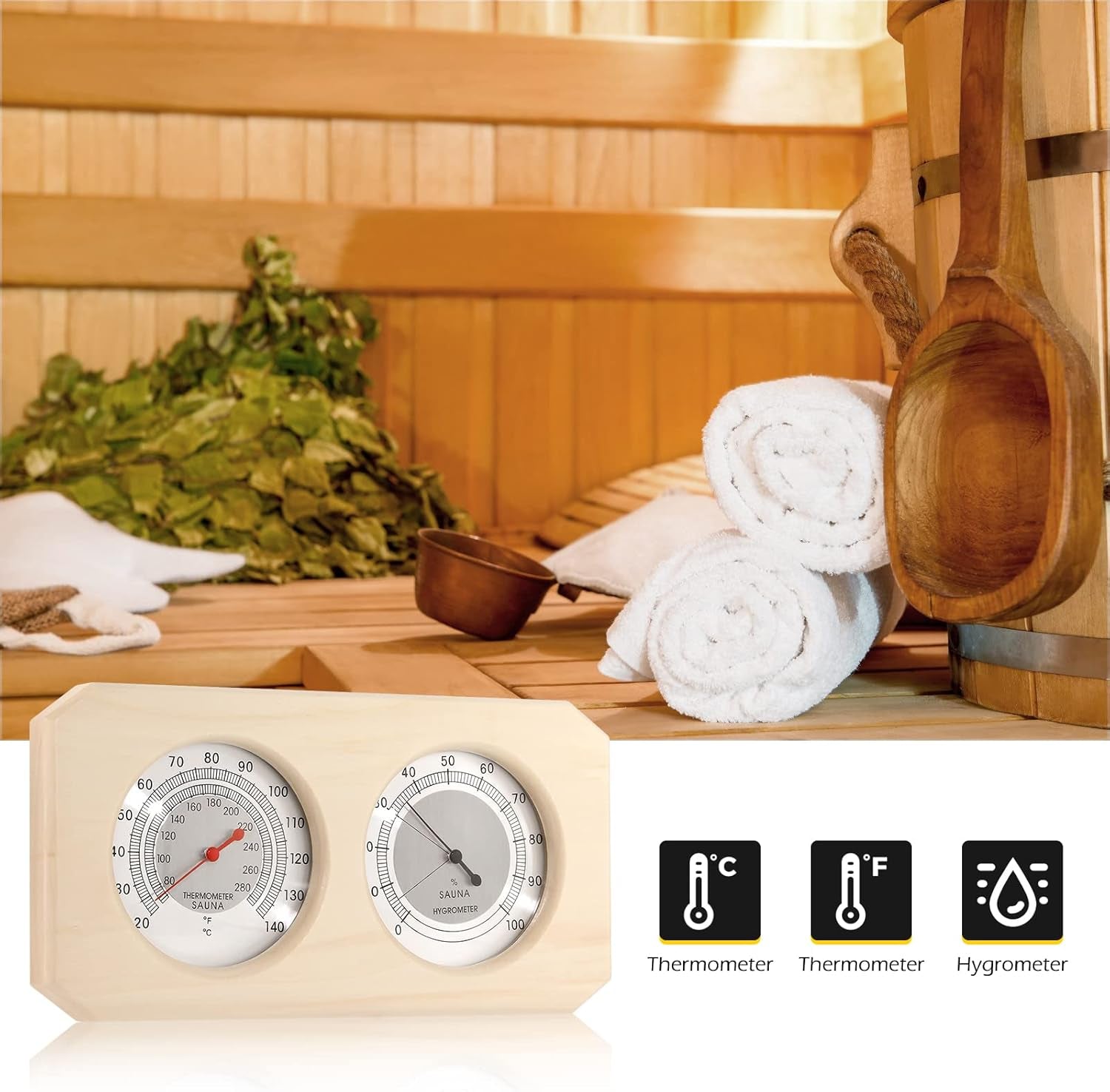 2 in 1 Sauna Wooden Sauna Hygrothermograph Indoor Fahrenheit Thermometer and Hygrometer for Hotel or Sauna Room