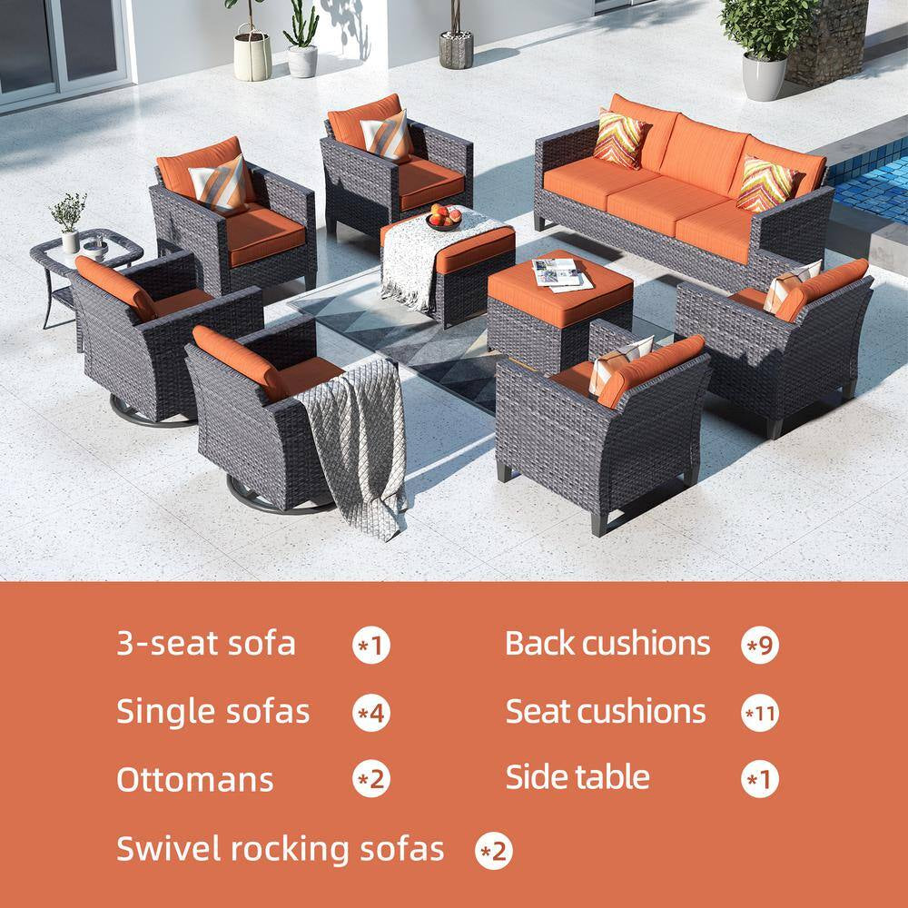 Megon Holly Gray 10-Piece Wicker Patio Conversation Seating Sofa Set with Orange Red Cushions and Swivel Rocking Chairs