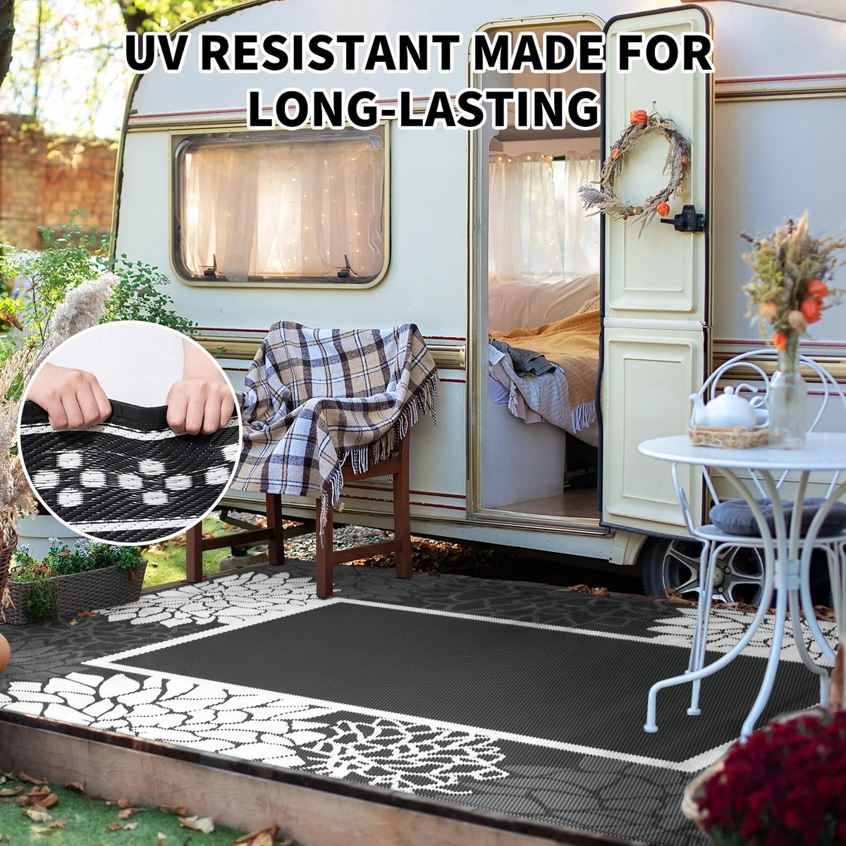 Outdoor Rug 5'X8' Waterproof Reversible Patio Rug Floral Border Plastic Straw Indoor Outdoor Rug for RV Camping Garden Picnic Beach Deck Backyard Porch Decor Dark Grey and White