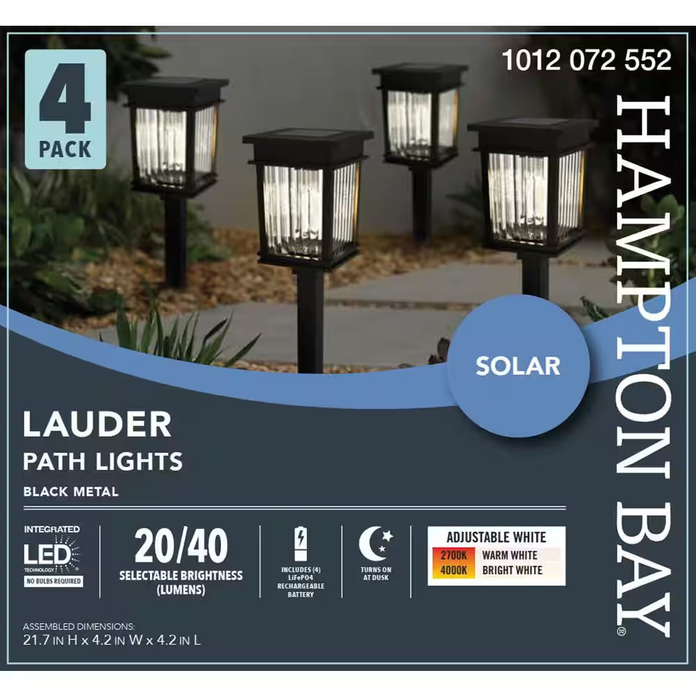 Lauder 20-40 Lumen Black LED Outdoor Solar Path Light with Glass Lens, Dual White and High-Low (4-Pack)