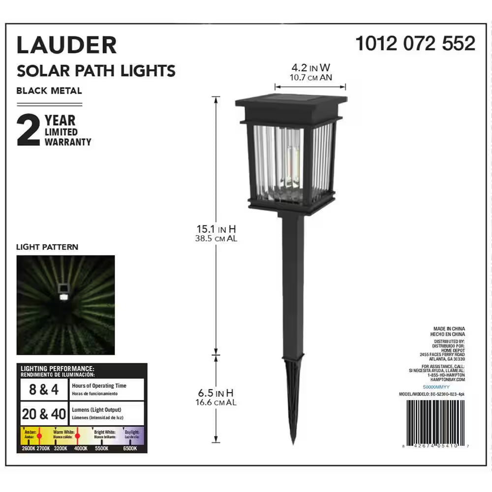 Lauder 20-40 Lumen Black LED Outdoor Solar Path Light with Glass Lens, Dual White and High-Low (4-Pack)