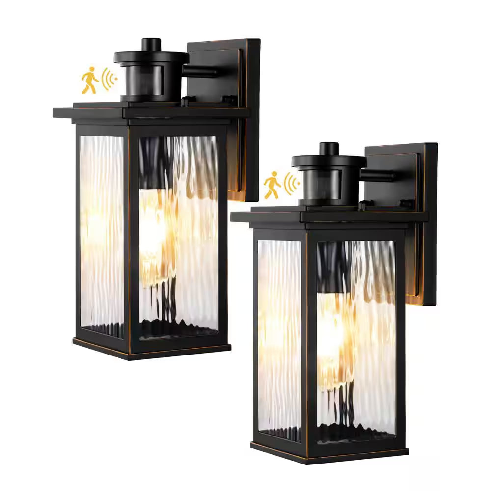 12 In. Black Dimmble Motion Sensing Dusk to Dawn Outdoor Hardwired Outdoor Wall Light Lantern Scone (2-Pack)