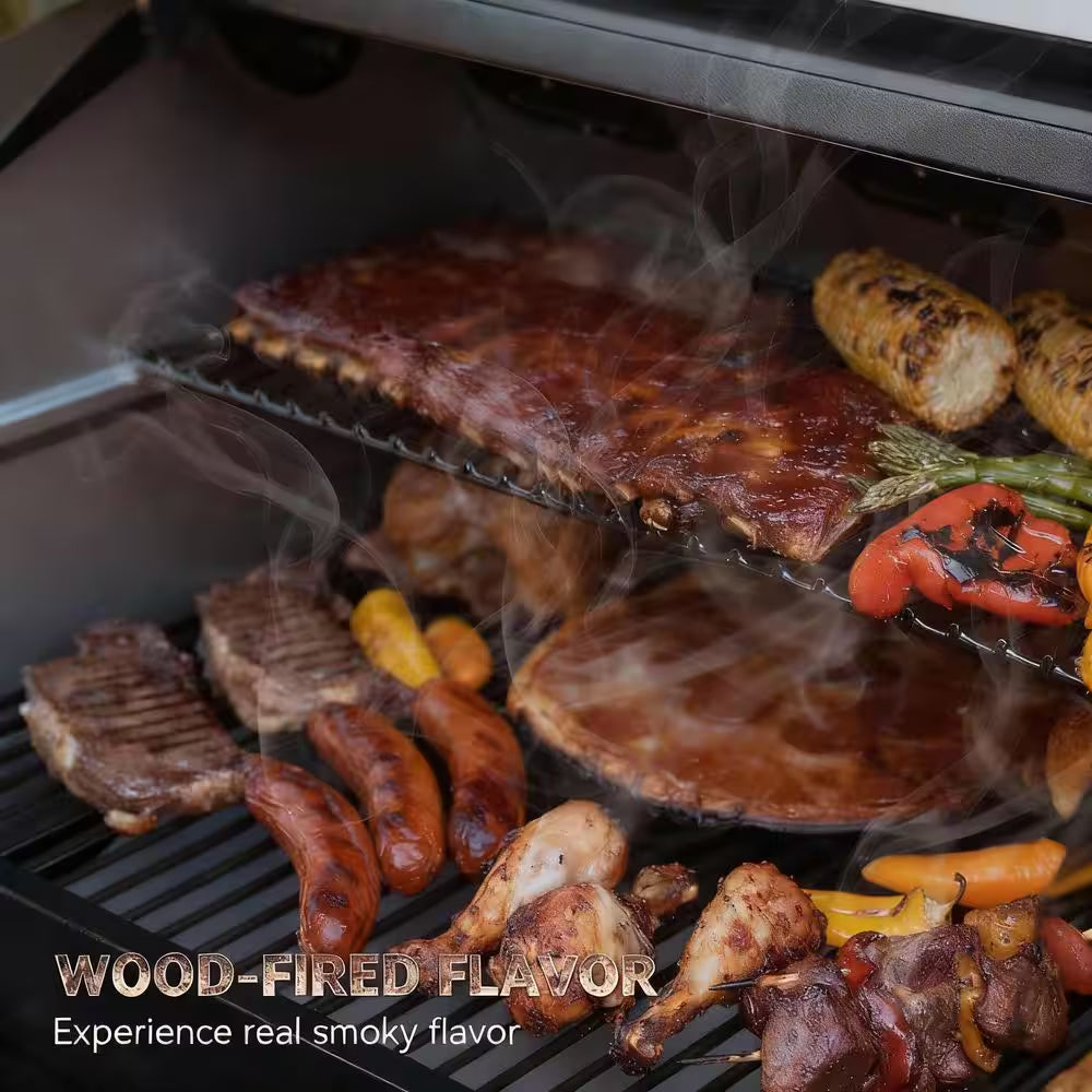 456 Sq. In. Wood Pellet Grill and Smoker BBQ with PID Auto Temperature Control, Folding Legs for Patio or RV in Black