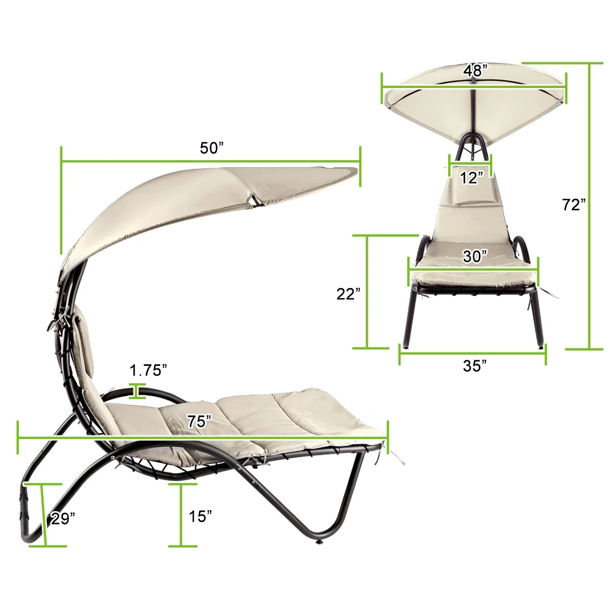 Hanging Chaise Lounger Chair Patio Porch Arc Swing Hammock Chair Canopy Outdoor [Beige]