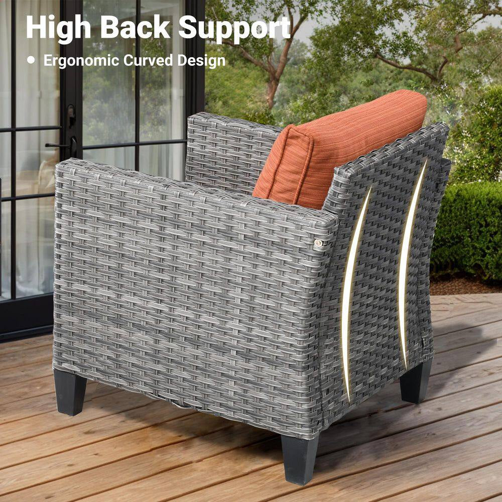 Megon Holly Gray 10-Piece Wicker Patio Conversation Seating Sofa Set with Orange Red Cushions and Swivel Rocking Chairs