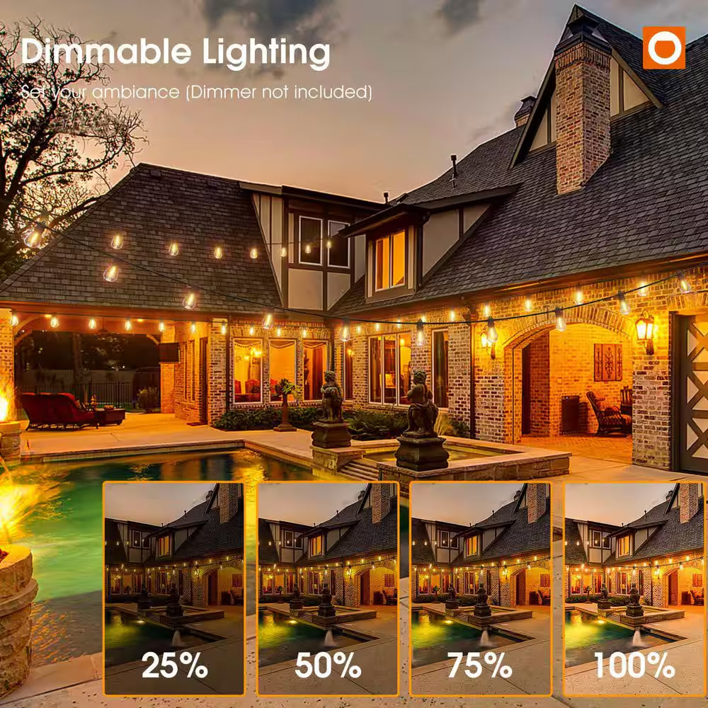 50FT Outdoor String Lights LED Edison Shatterproof Bulbs Weatherproof Commercial Grade Decorative for Patio Garden