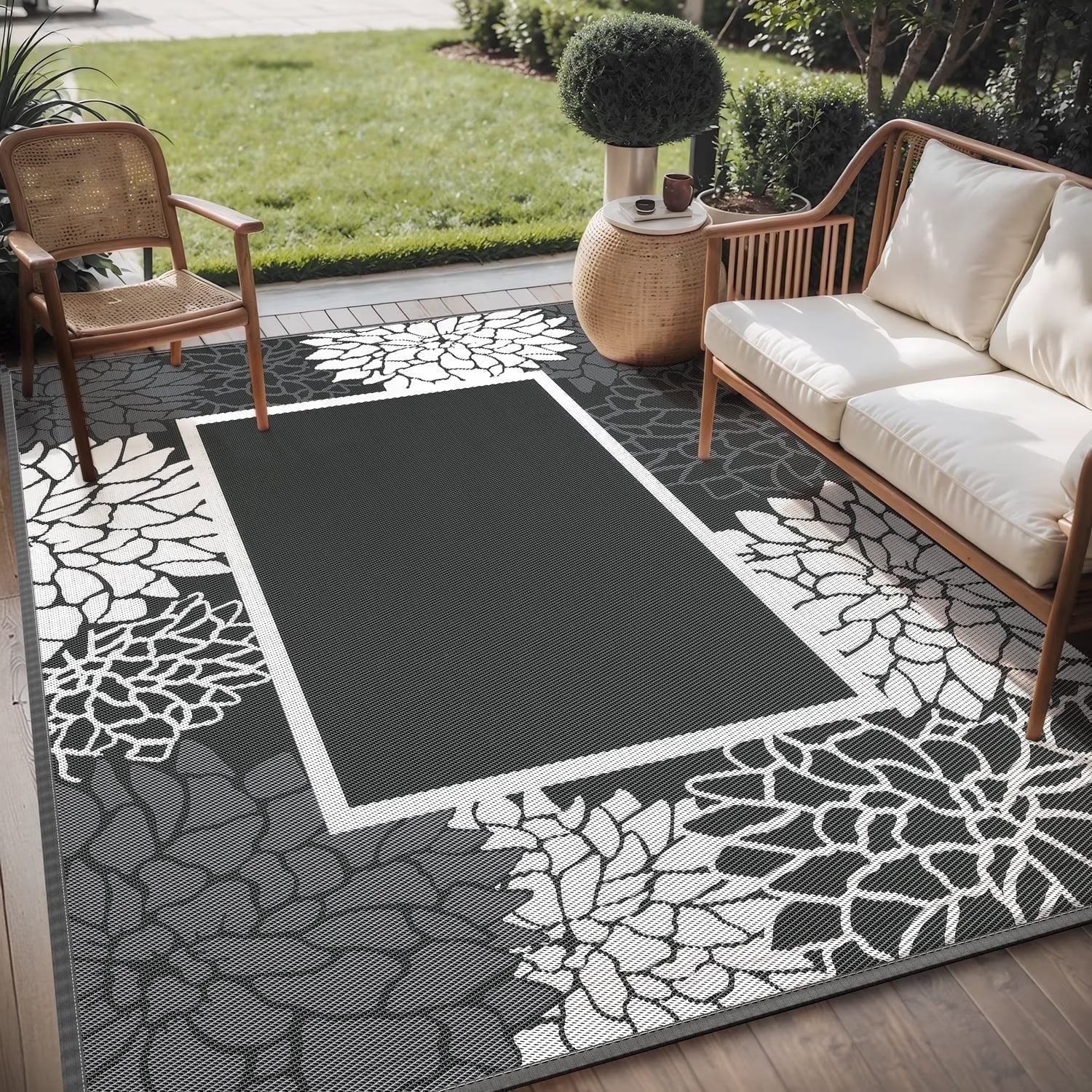Outdoor Rug 5'X8' Waterproof Reversible Patio Rug Floral Border Plastic Straw Indoor Outdoor Rug for RV Camping Garden Picnic Beach Deck Backyard Porch Decor Dark Grey and White