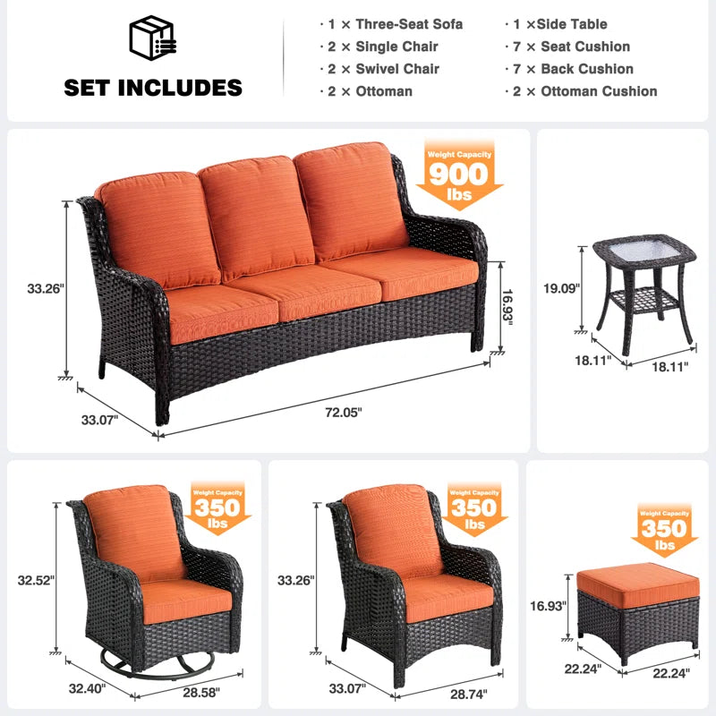 Guillen 7 - Person Wicker Rattan Patio Furniture Set with Swivel Chairs, Outdoor All Weather Sofa Conversation Set with Cushions for Garden Backyard