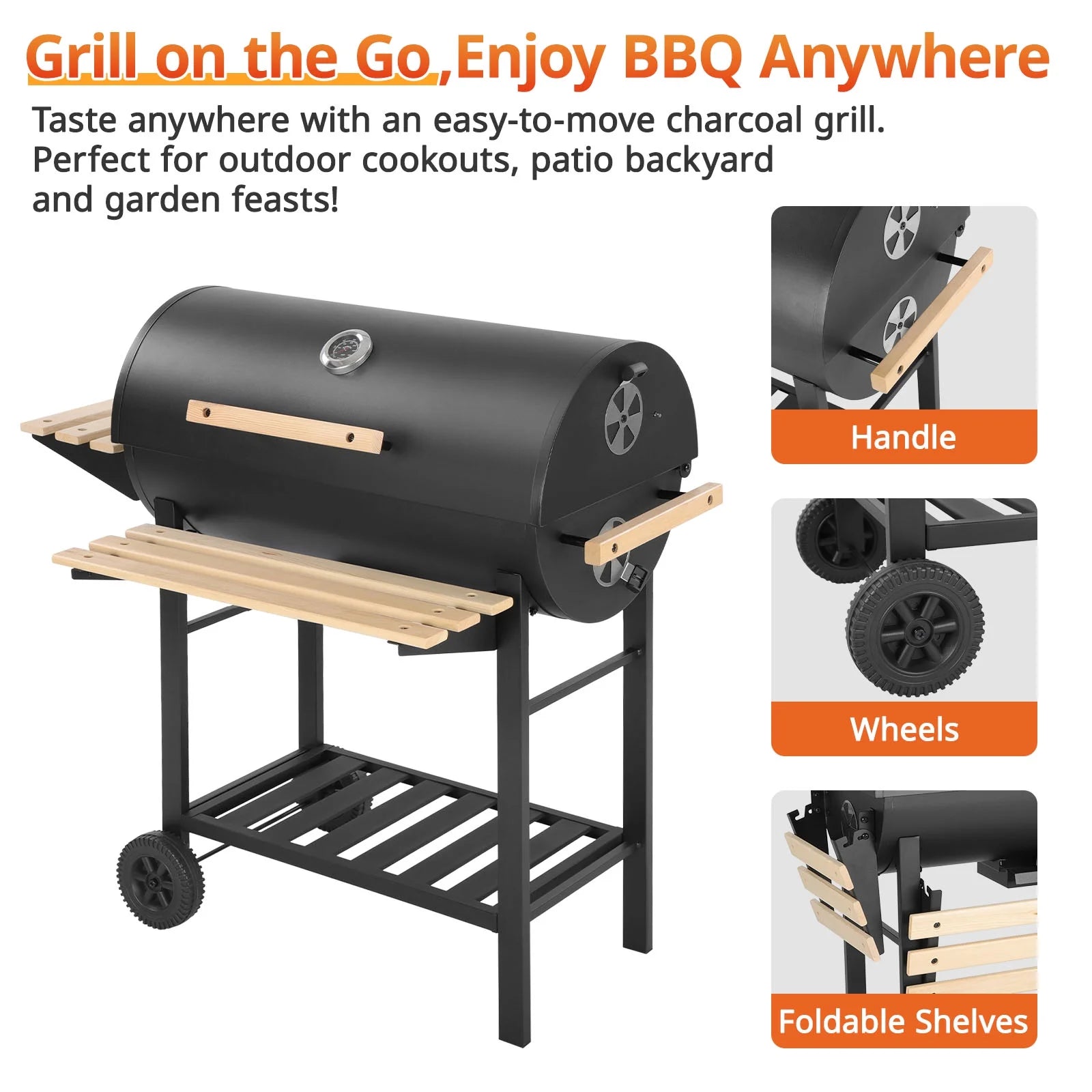 Charcoal Grill with Thermometer & Large Cooking Space, Smoker Grill, BBQ Grills for Camping & Picnic, Iron, Black