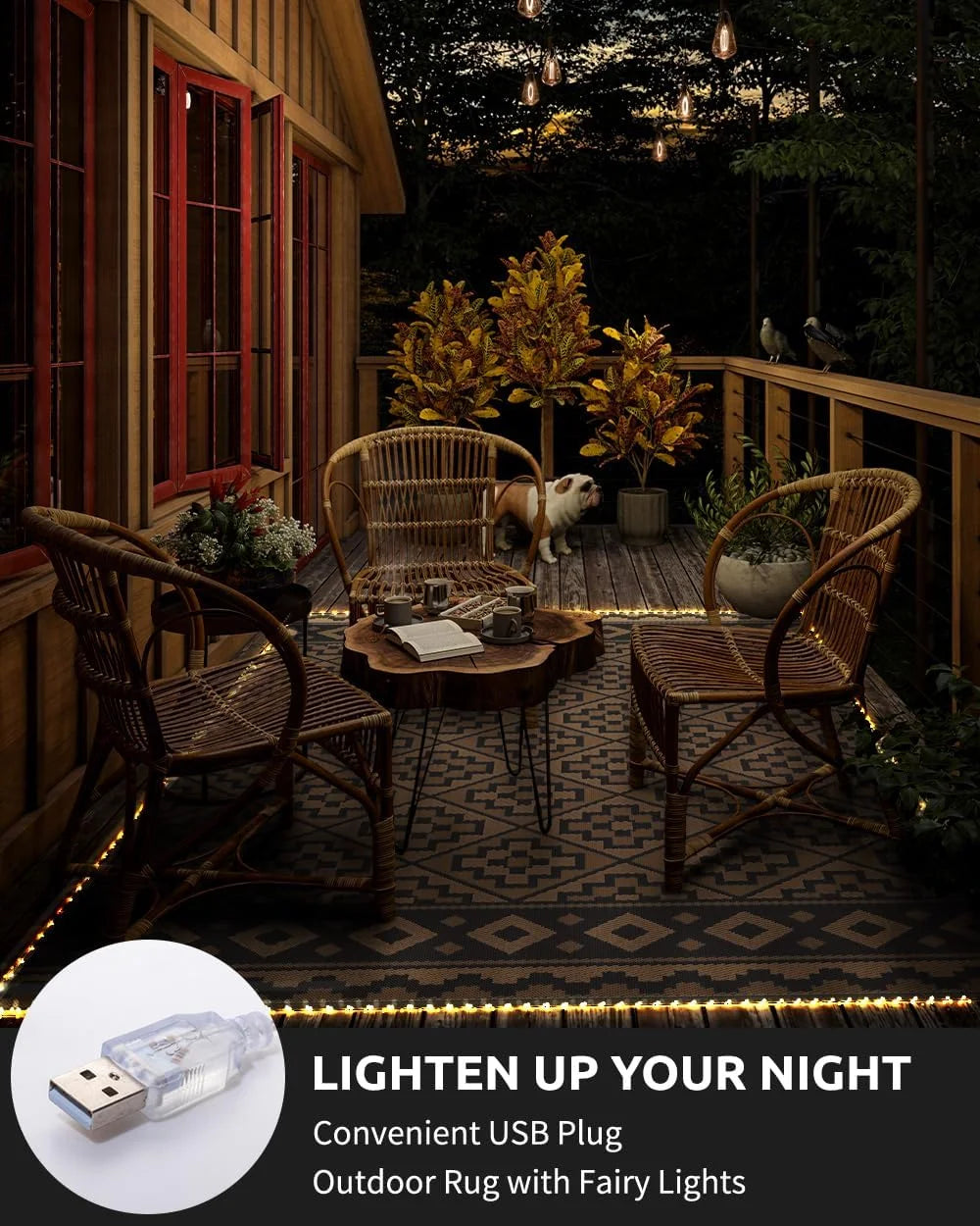 Outdoor Rug with LED Strip Light 9'X12' Waterproof Reversible Patio Rug Modern Lightweight Plastic Straw Indoor Outdoor Rug for RV Camping Deck Balcony Porch Boho Patio Decor Black and Brown