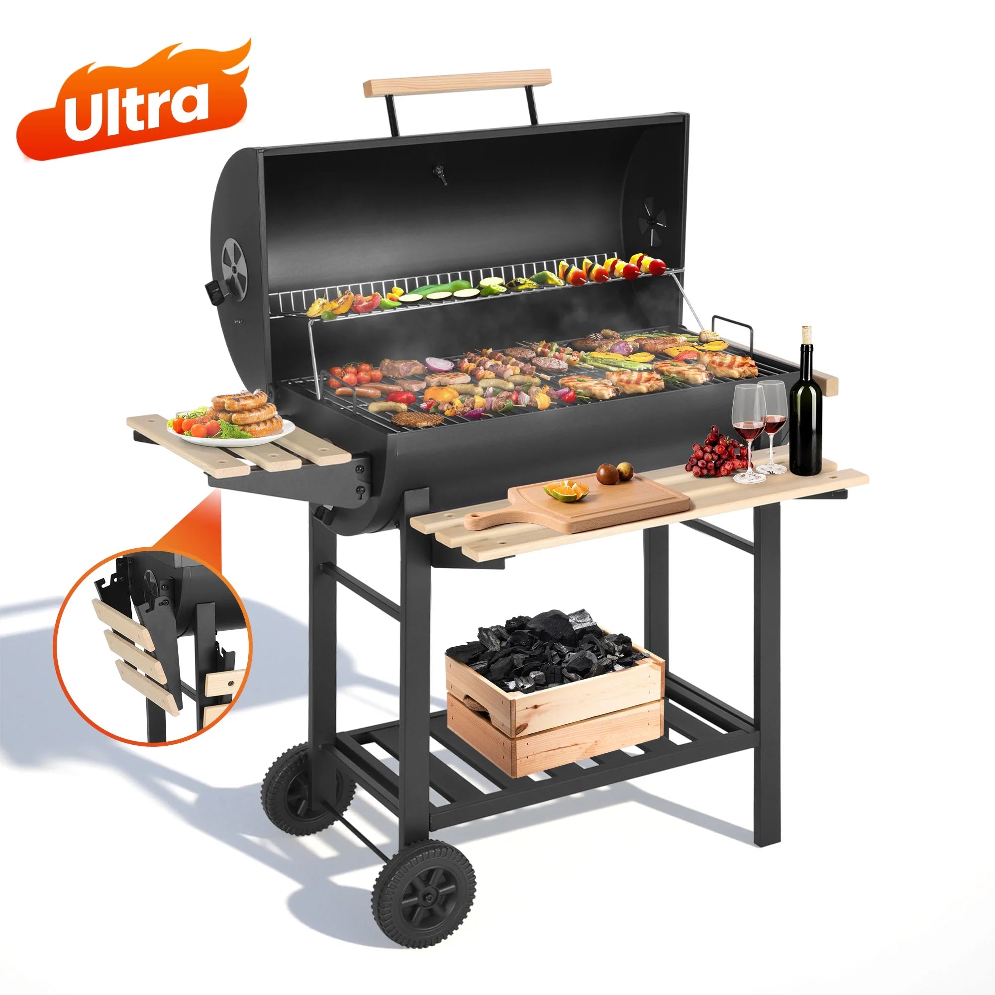 Charcoal Grill with Thermometer & Large Cooking Space, Smoker Grill, BBQ Grills for Camping & Picnic, Iron, Black