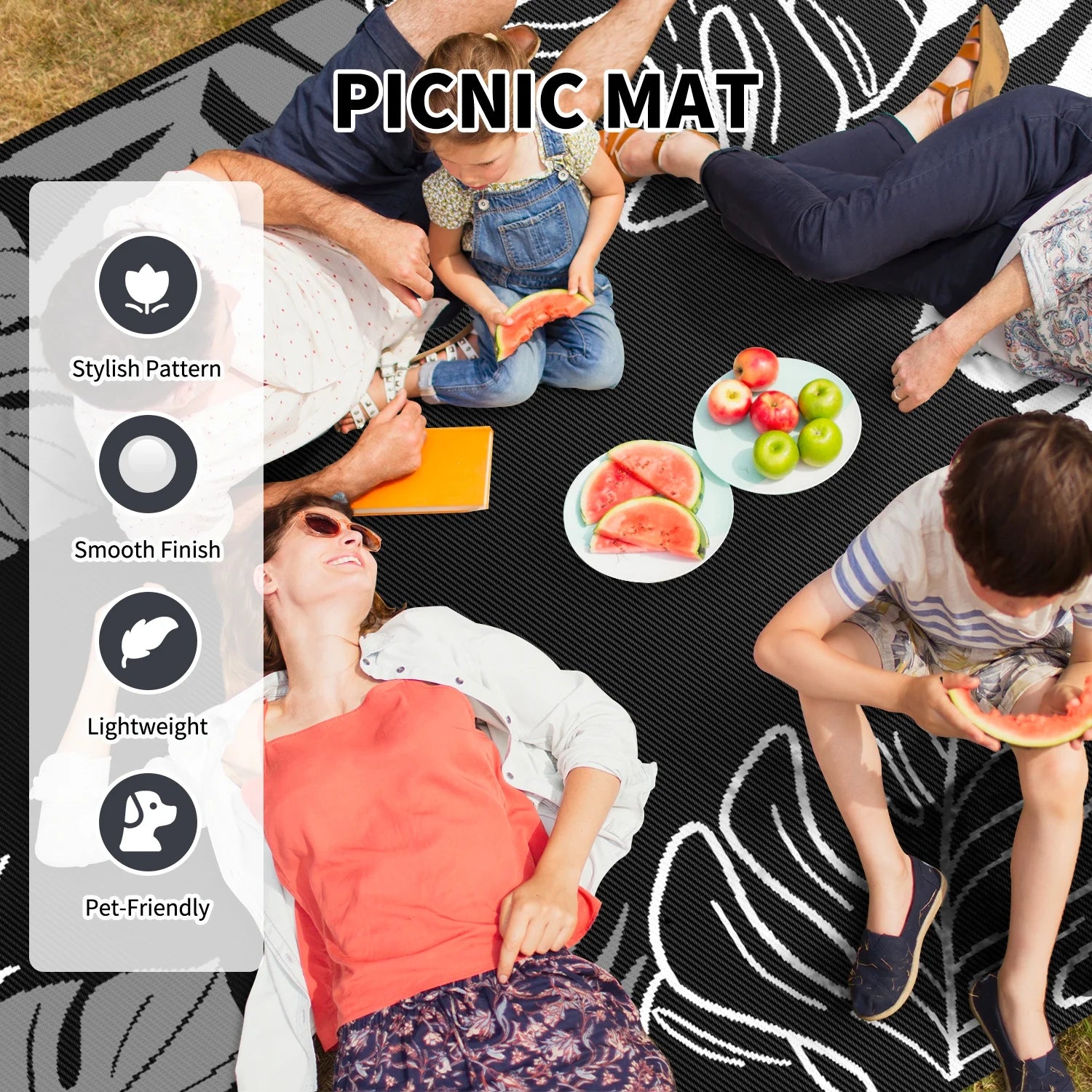 5'X8' Feet Waterproof Outdoor Rug, Reversible Black Plastic Patio Mat with Straw Texture Tropical Palm Leaf, Non-Slip Carpet for Camping, RV, Balcony, Porch, Picnic