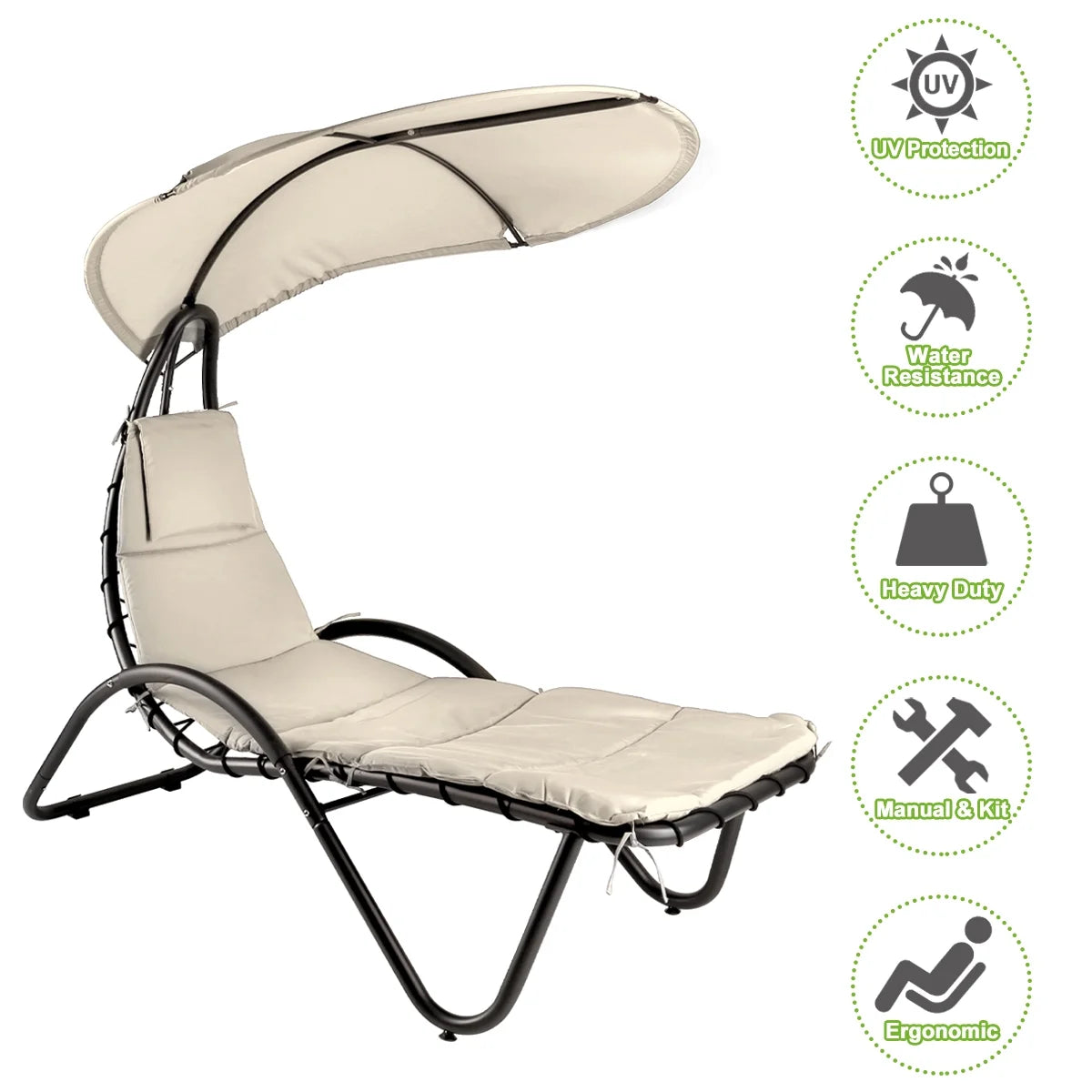 Hanging Chaise Lounger Chair Patio Porch Arc Swing Hammock Chair Canopy Outdoor [Beige]