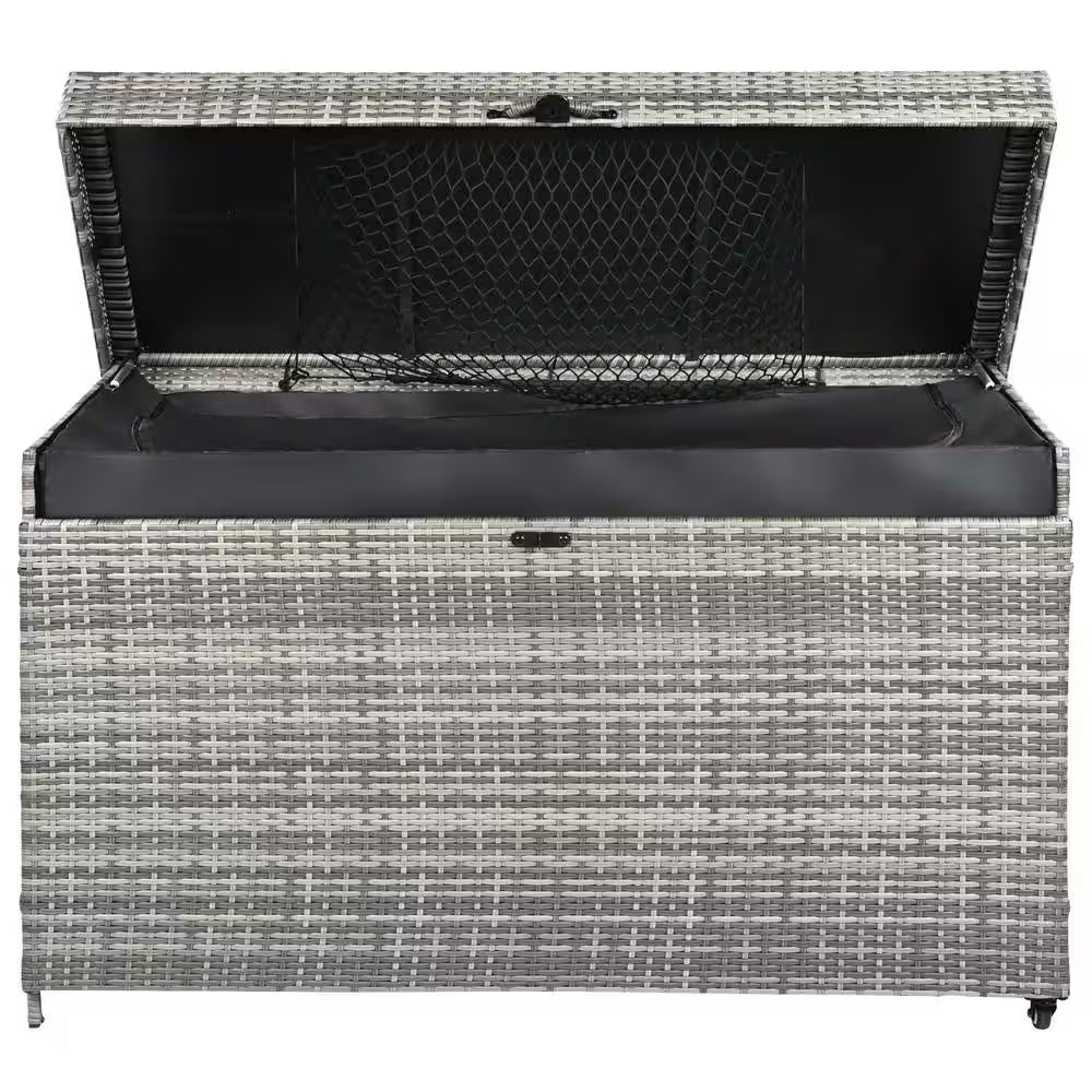 200 Gal. Gray Rattan Deck Box with Wheels All-Weather Outdoor Storage Box Wicker Storage Bin and Galvanized Steel Frame