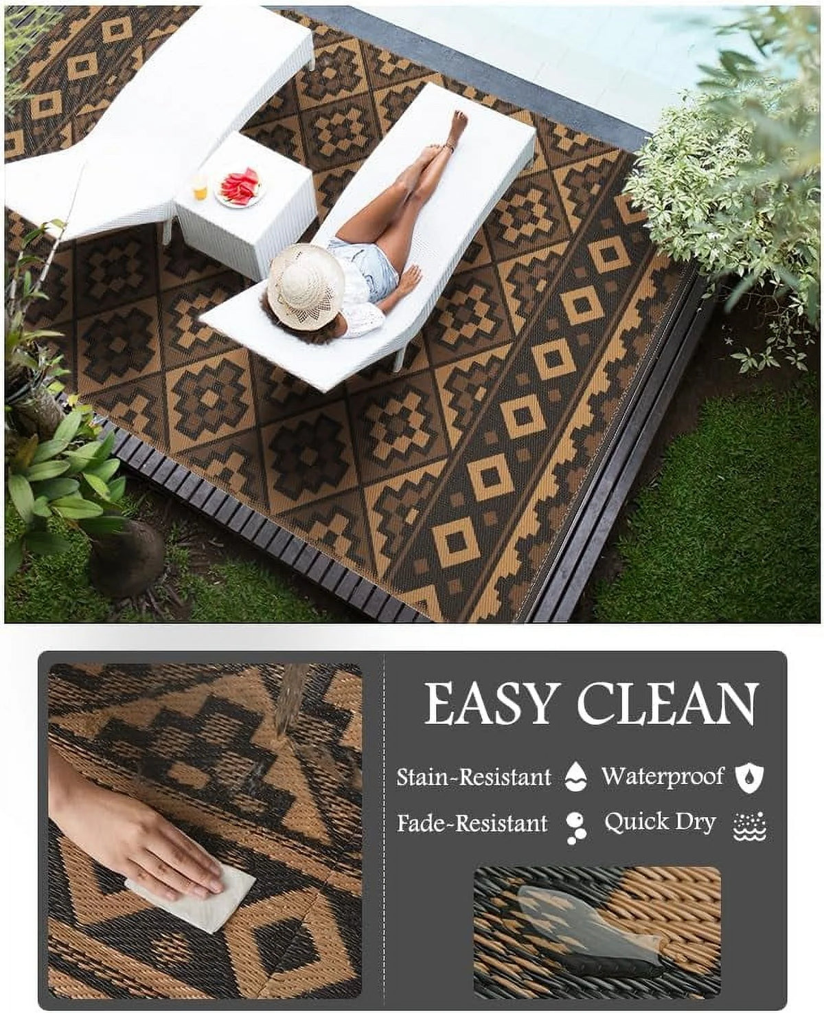 Outdoor Rug 8'X10' Waterproof Reversible Patio Rug Modern Lightweight Plastic Straw Indoor Outdoor Rug for RV Camping Deck Balcony Porch Boho Patio Decor Outdoor Carpet Black and Brown