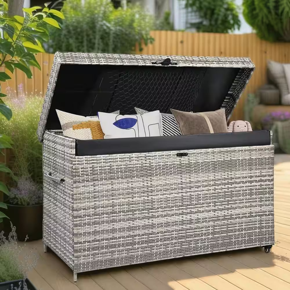 200 Gal. Gray Rattan Deck Box with Wheels All-Weather Outdoor Storage Box Wicker Storage Bin and Galvanized Steel Frame