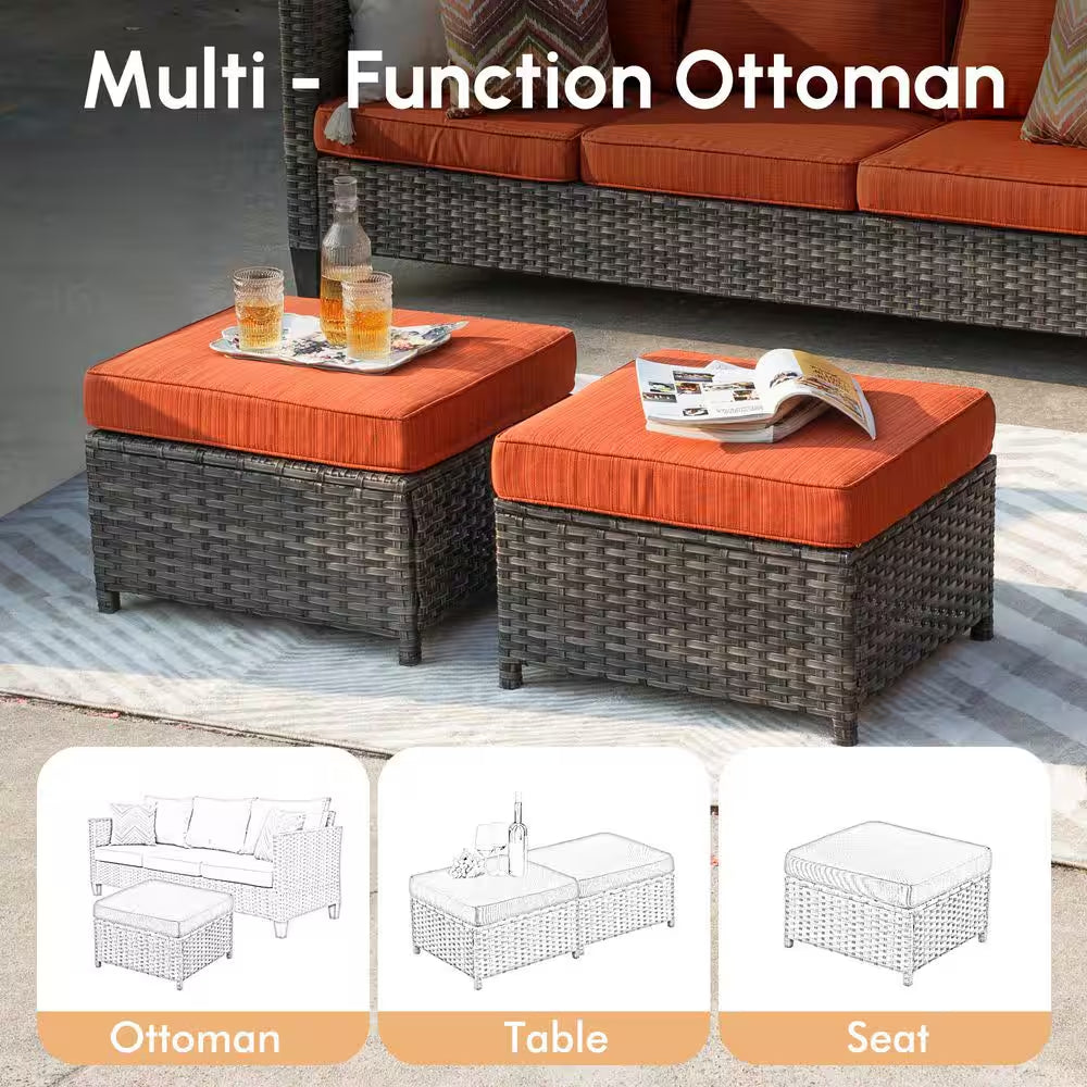 Megon Holly Gray 10-Piece Wicker Patio Conversation Seating Sofa Set with Orange Red Cushions and Swivel Rocking Chairs