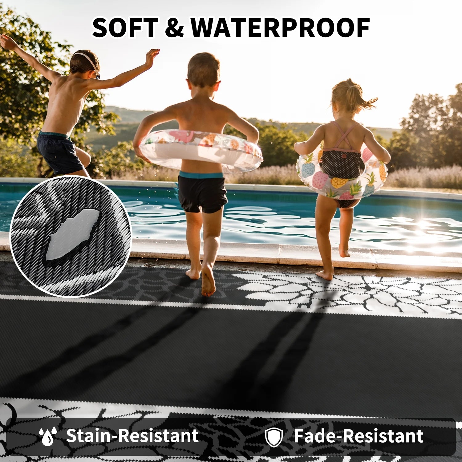 Outdoor Rug 5'X8' Waterproof Reversible Patio Rug Floral Border Plastic Straw Indoor Outdoor Rug for RV Camping Garden Picnic Beach Deck Backyard Porch Decor Dark Grey and White