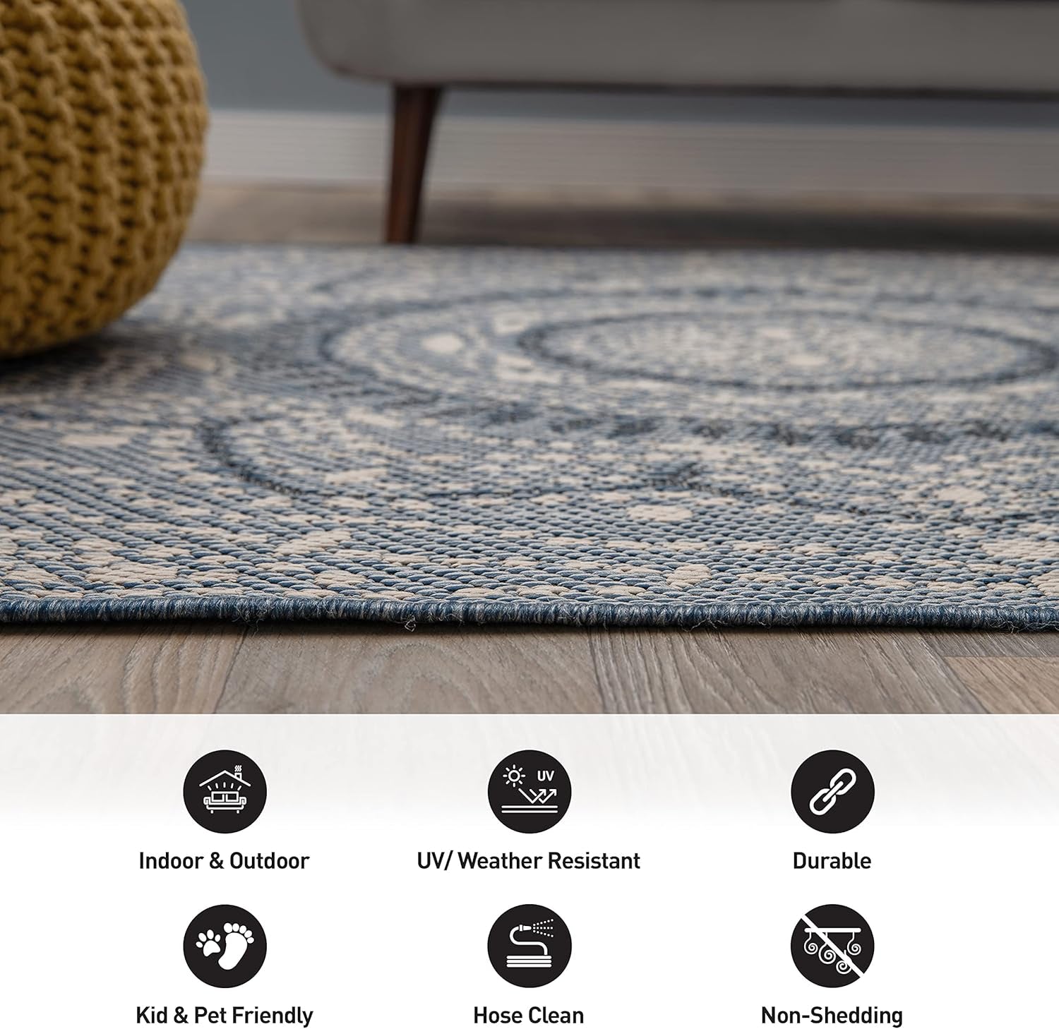 Blue Medallion Indoor/Outdoor Area Rug — Fade Resistant for Living Room, Dining Room and Office, 7'10" X 10'