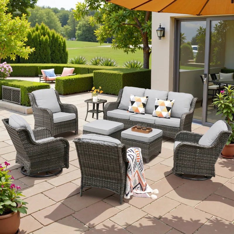Guillen 7 - Person Wicker Rattan Patio Furniture Set with Swivel Chairs, Outdoor All Weather Sofa Conversation Set with Cushions for Garden Backyard