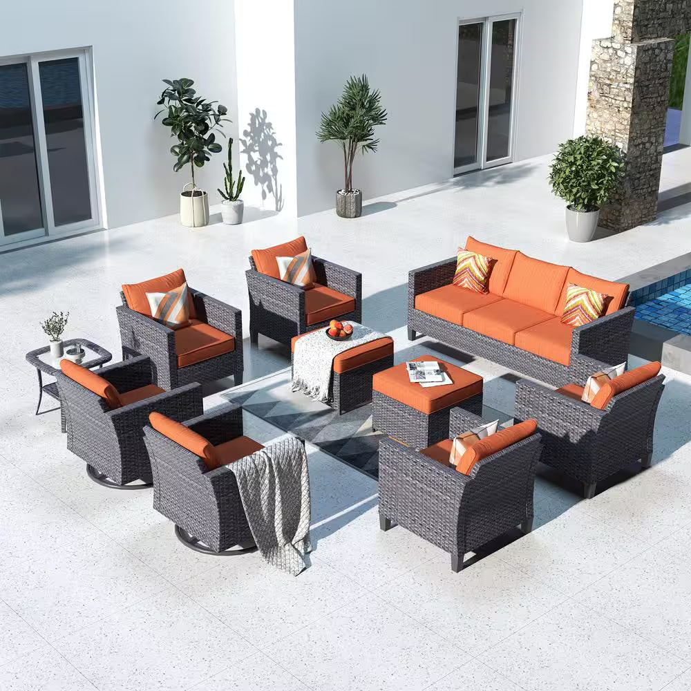 Megon Holly Gray 10-Piece Wicker Patio Conversation Seating Sofa Set with Orange Red Cushions and Swivel Rocking Chairs