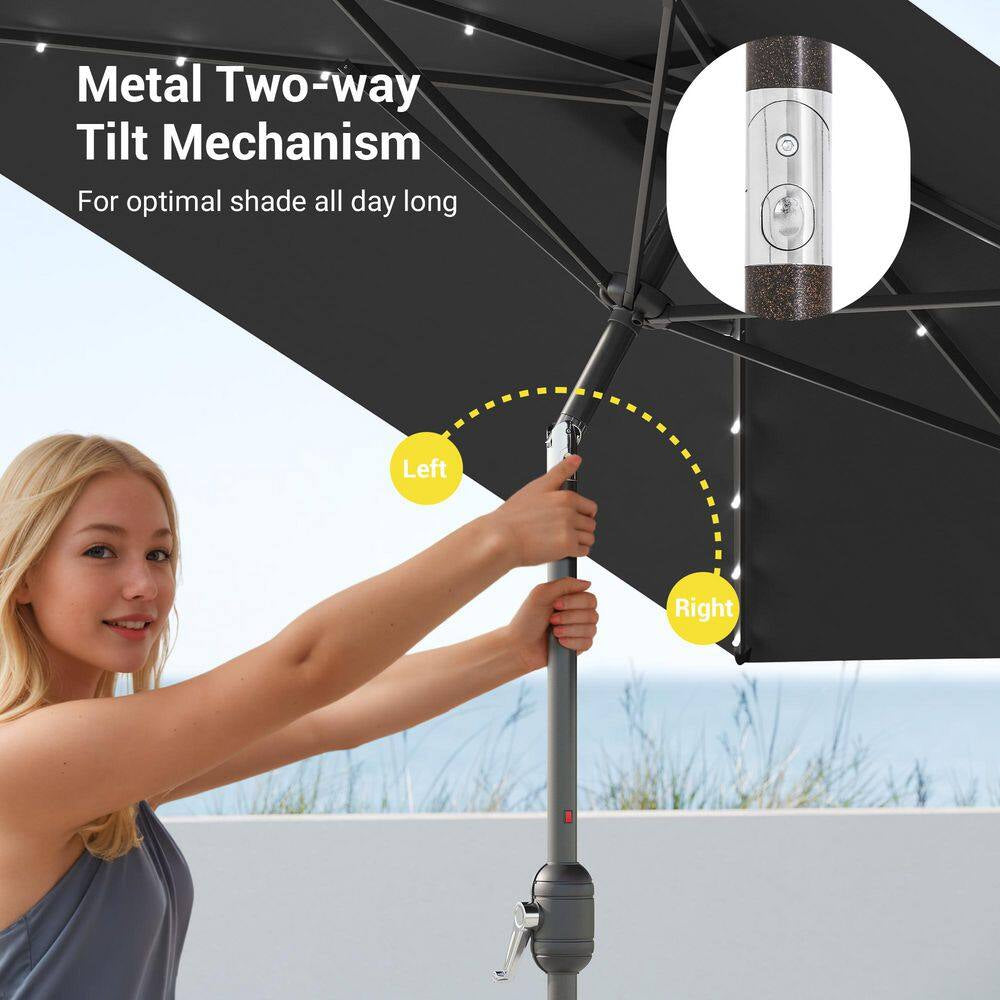 10 Ft. X 6.5 Ft. Rectangle Solar LED Outdoor Patio Market Table Umbrella with Push Button Tilt and Crank in Black