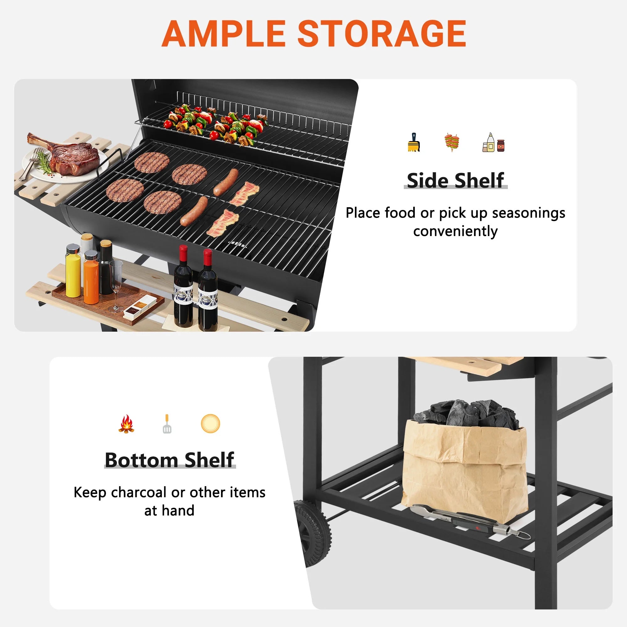 Charcoal Grill with Thermometer & Large Cooking Space, Smoker Grill, BBQ Grills for Camping & Picnic, Iron, Black