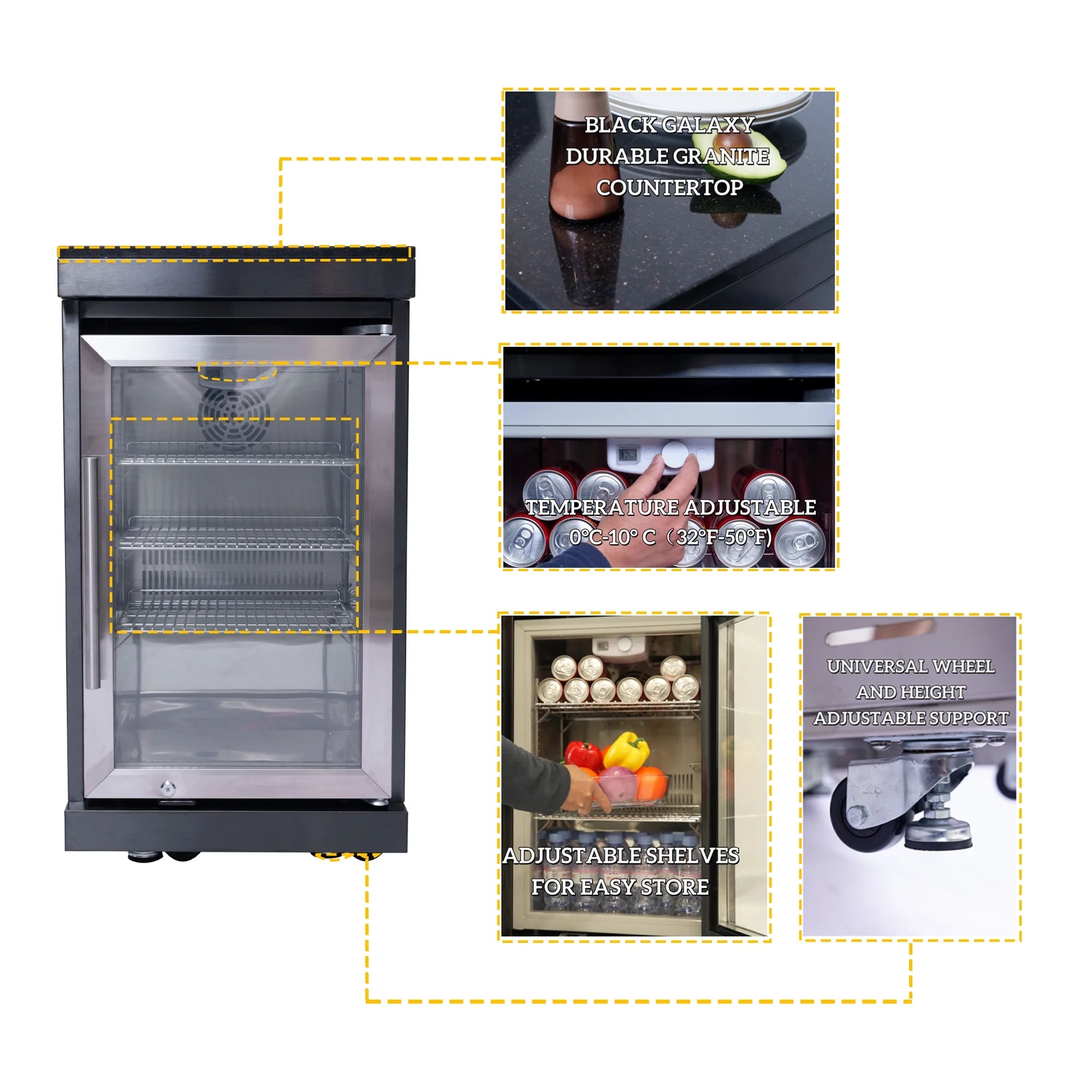 Outdoor Kitchen Island Black Stainless Steel with Sink & 46-Inch 4-Burner 72000 BTU Grill, Wine Cooler, Refrigerator, Rotisserie Kit & Granite Countertops