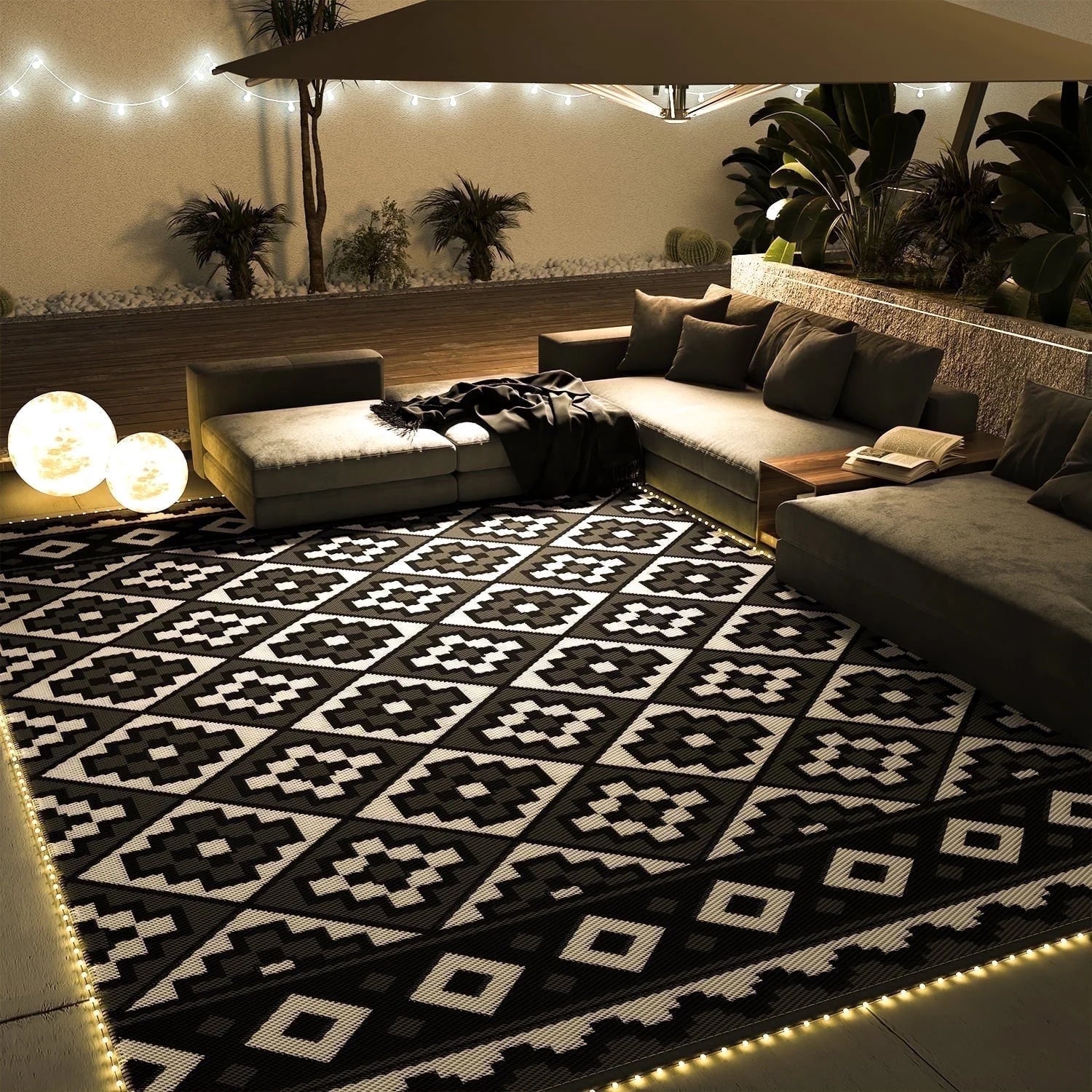 Outdoor Rug with LED Strip Light 9'X12' Waterproof Reversible Patio Rug Modern Lightweight Plastic Straw Indoor Outdoor Rug for RV Camping Deck Balcony Porch Boho Patio Decor Black and Wite