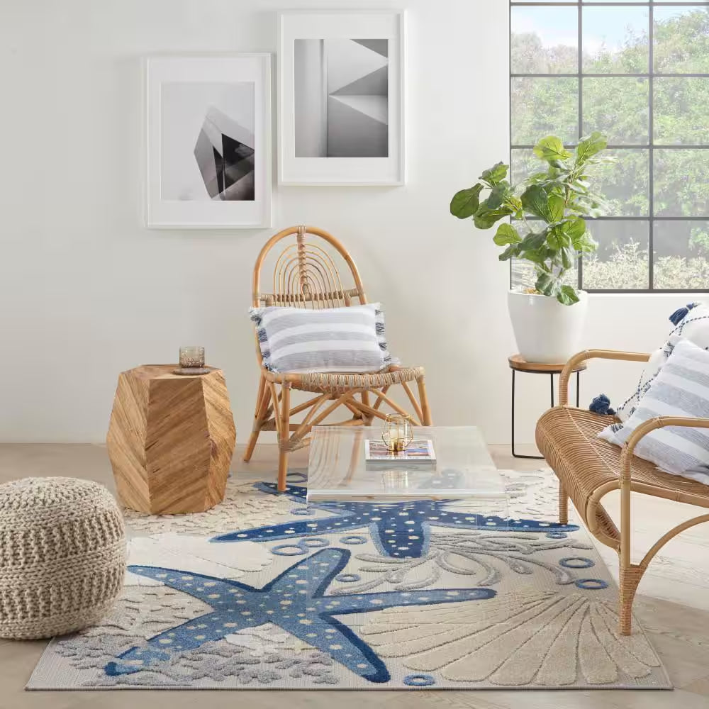 Aloha Blue/Gray 5 Ft. X 7 Ft. Floral Modern Indoor/Outdoor Patio Area Rug