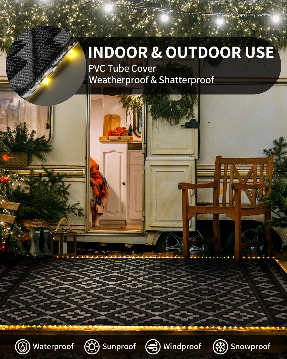 Outdoor Rug with LED Strip Light 9'X12' Waterproof Reversible Patio Rug Modern Lightweight Plastic Straw Indoor Outdoor Rug for RV Camping Deck Balcony Porch Boho Patio Decor Black and Wite