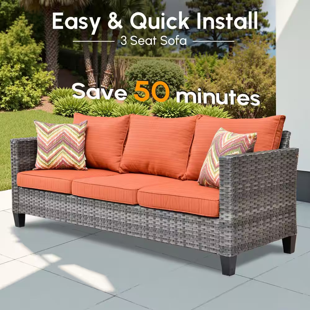 Megon Holly Gray 10-Piece Wicker Patio Conversation Seating Sofa Set with Orange Red Cushions and Swivel Rocking Chairs