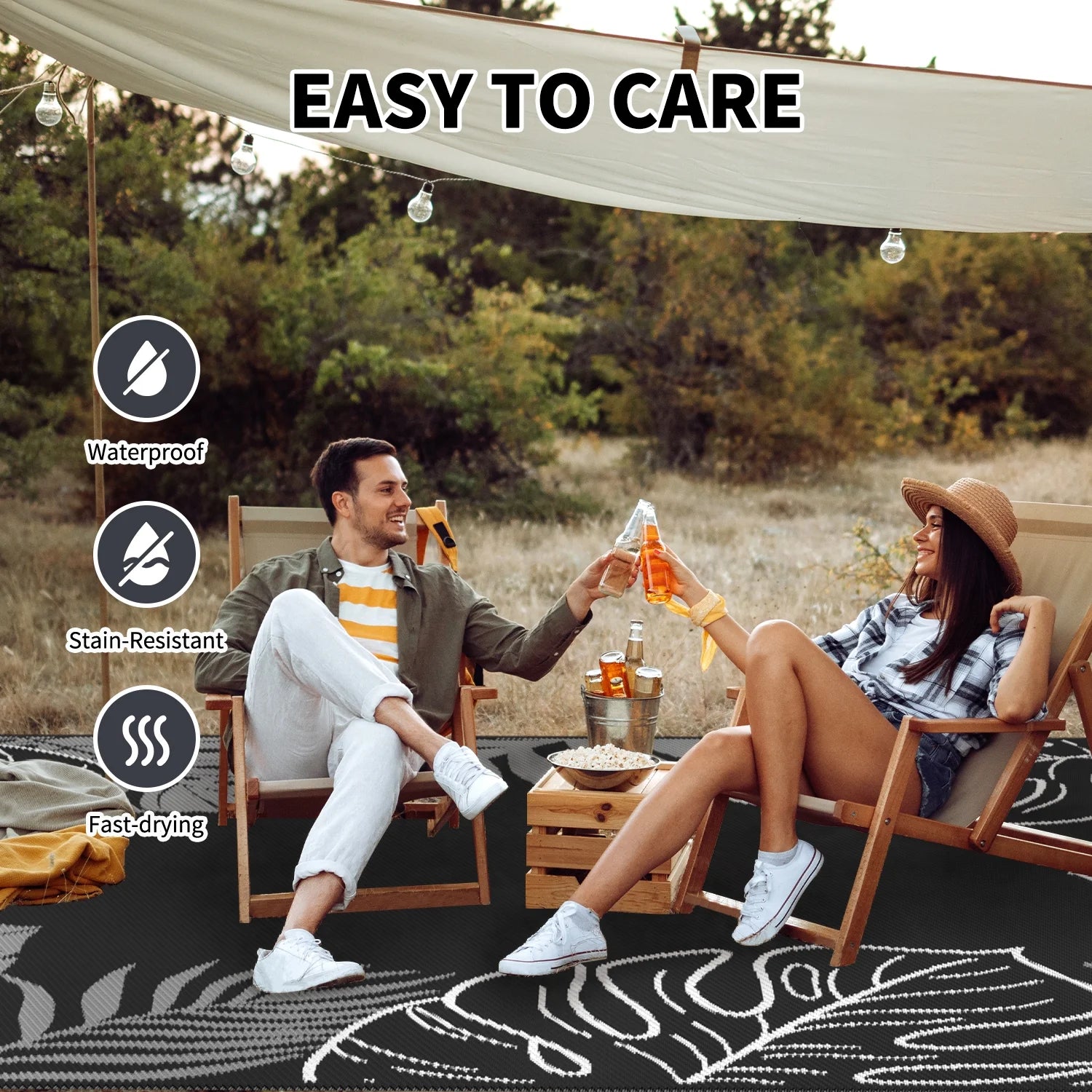 5'X8' Feet Waterproof Outdoor Rug, Reversible Black Plastic Patio Mat with Straw Texture Tropical Palm Leaf, Non-Slip Carpet for Camping, RV, Balcony, Porch, Picnic
