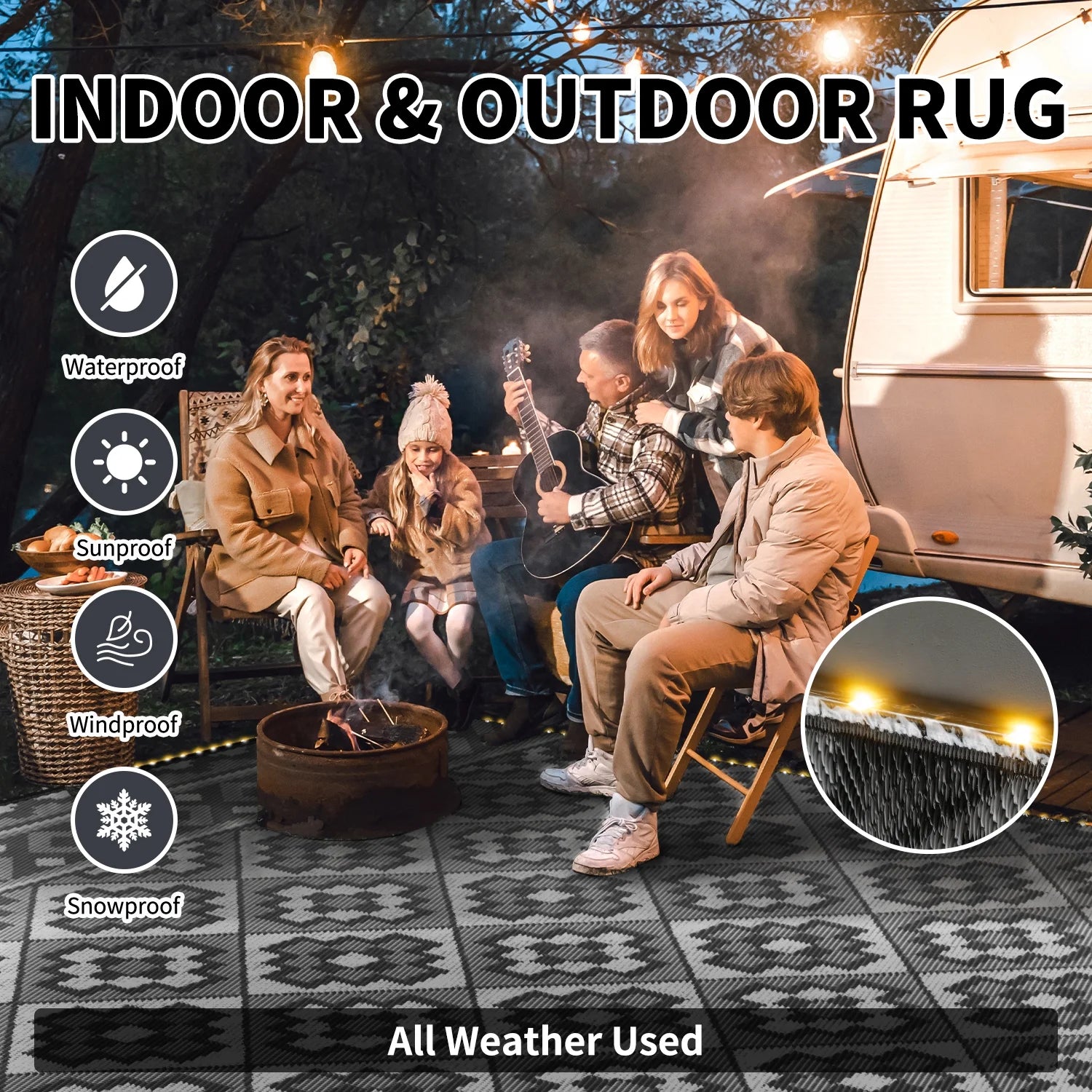 Outdoor Rug with LED Strip Light 9'X12' Waterproof Reversible Patio Rug Modern Lightweight Plastic Straw Indoor Outdoor Rug for RV Camping Deck Balcony Porch Boho Patio Decor Light Gray