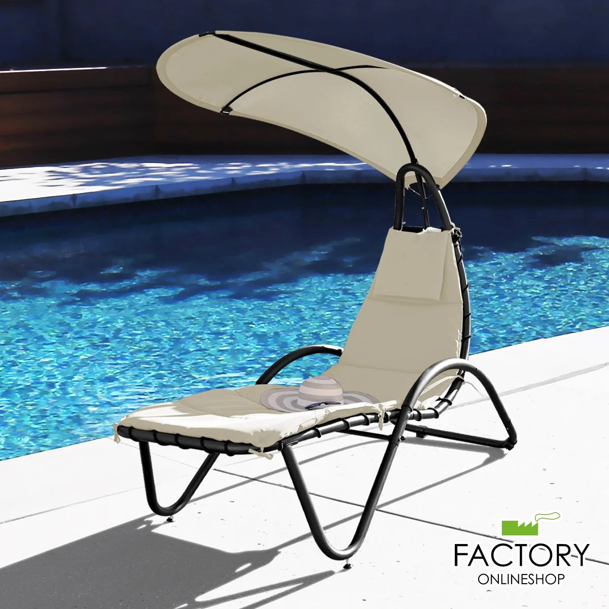 Hanging Chaise Lounger Chair Patio Porch Arc Swing Hammock Chair Canopy Outdoor [Beige]