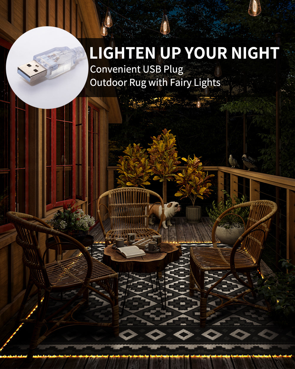 Outdoor Rug with LED Strip Light 9'X12' Waterproof Reversible Patio Rug Modern Lightweight Plastic Straw Indoor Outdoor Rug for RV Camping Deck Balcony Porch Boho Patio Decor Black and Wite