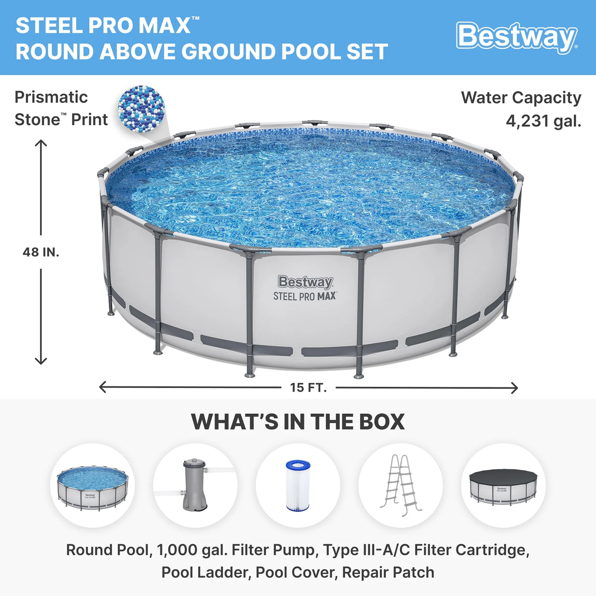 Bestway:  MAX 15' X 48" above Ground Pool Set - 4231 Gallon, Outdoor Family Pool, Corrosion & Puncture Resistant, Includes Filter, Pump, Ladder & Cover