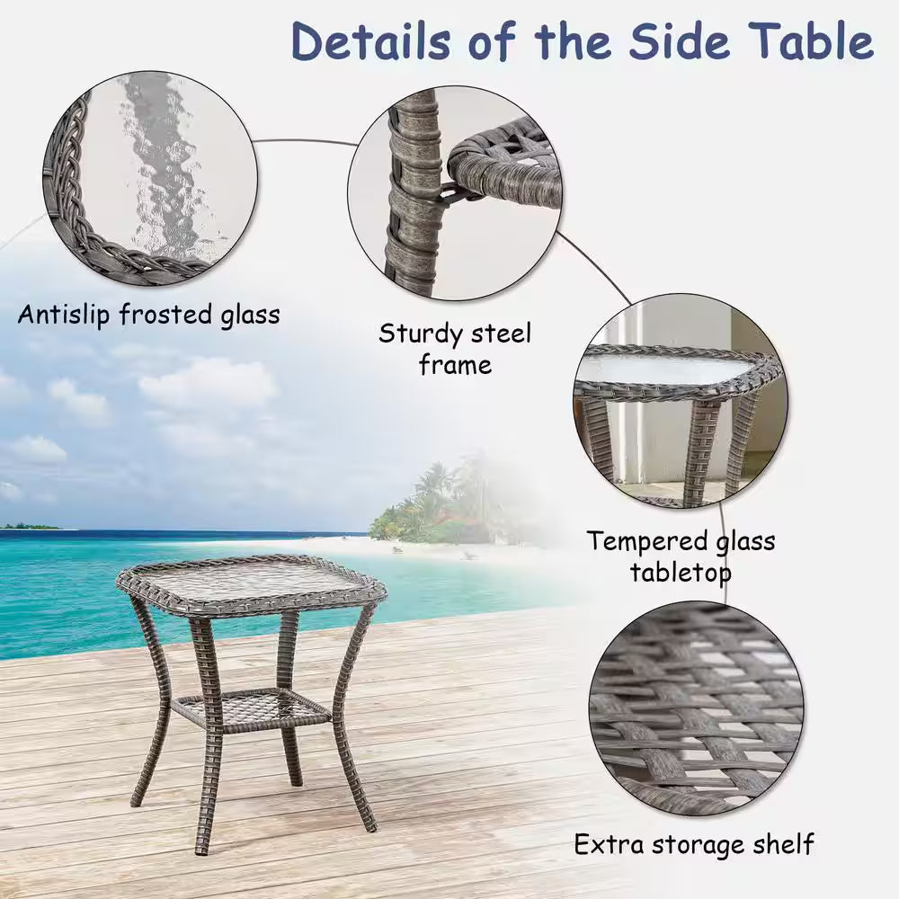 3-Piece Wicker Patio Swivel Outdoor Rocking Chair Set with Blue Cushions and Table