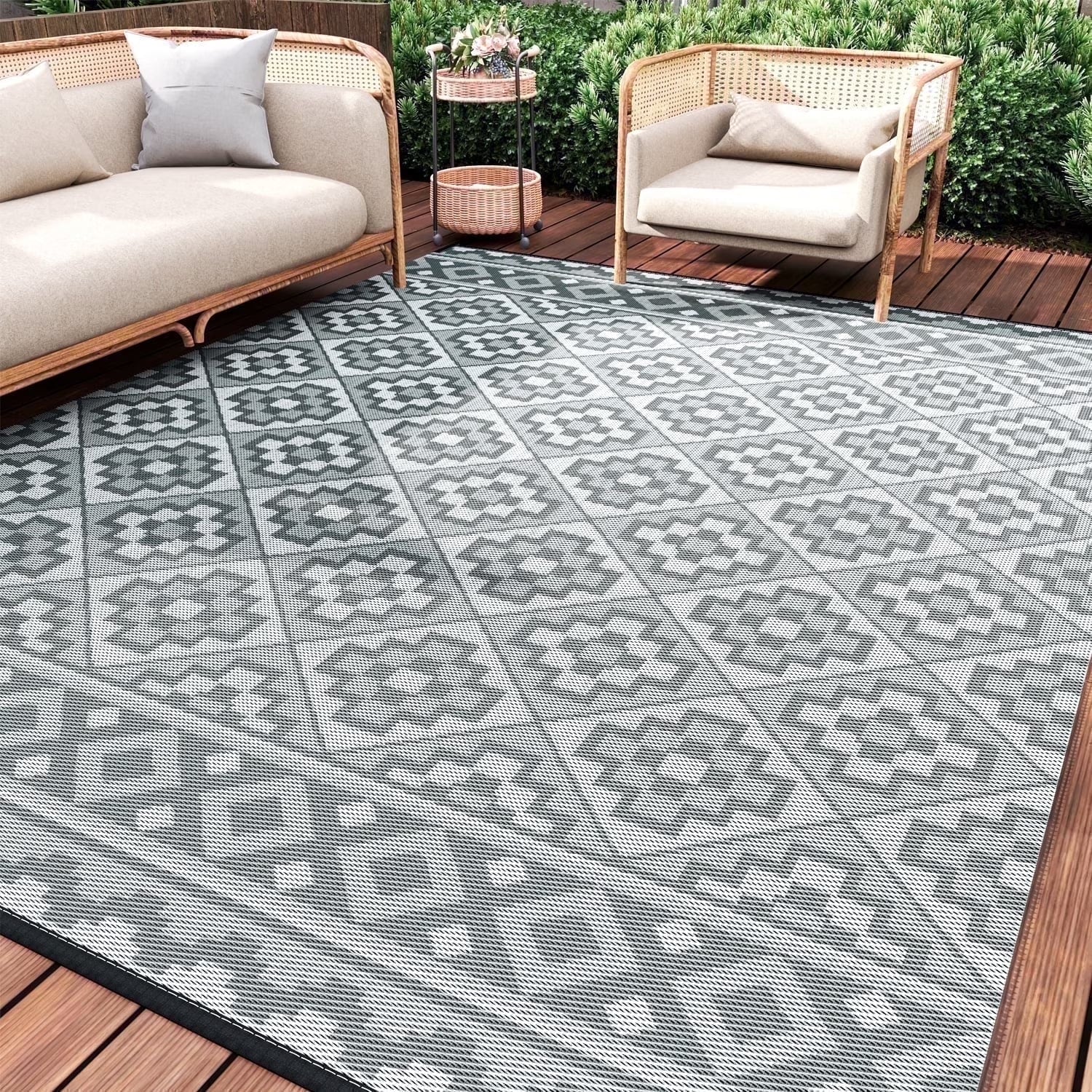 Outdoor Rug 9'X12' Waterproof Reversible Patio Rug Modern Lightweight Plastic Straw Indoor Outdoor Rug for RV Camping Deck Balcony Porch Boho Patio Decor Outdoor Carpet Light Gray