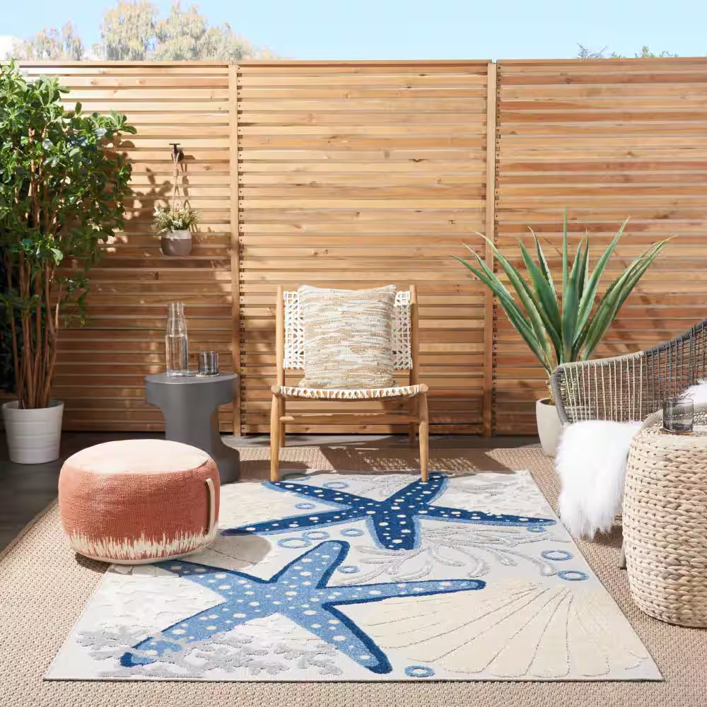 Aloha Blue/Gray 5 Ft. X 7 Ft. Floral Modern Indoor/Outdoor Patio Area Rug