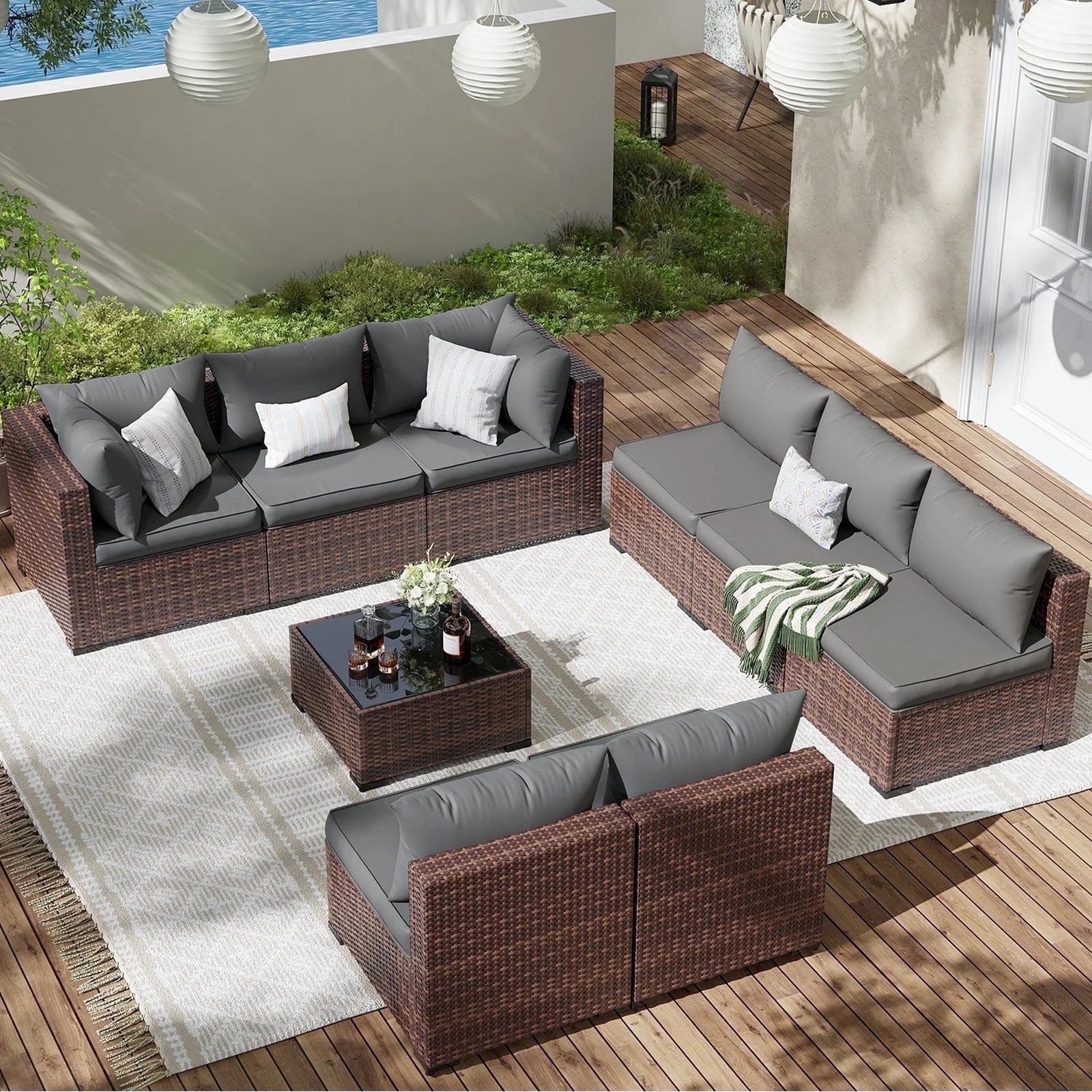Patio Furniture Set, Outdoor Patio Furniture Wicker Furniture Couch Set, 9 Pieces Outdoor Sectional Sofa, Patio Furniture Set, Outdoor Patio Set for Porch Furniture (Grey)