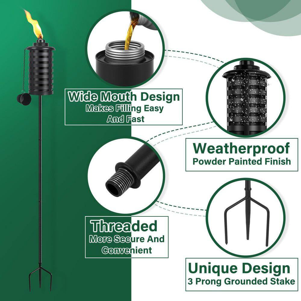 59 Inch Black Metal Outdoor Garden Torch Set Weather-Resistant Adjustable Height 3-Prong Stake 4-Pack